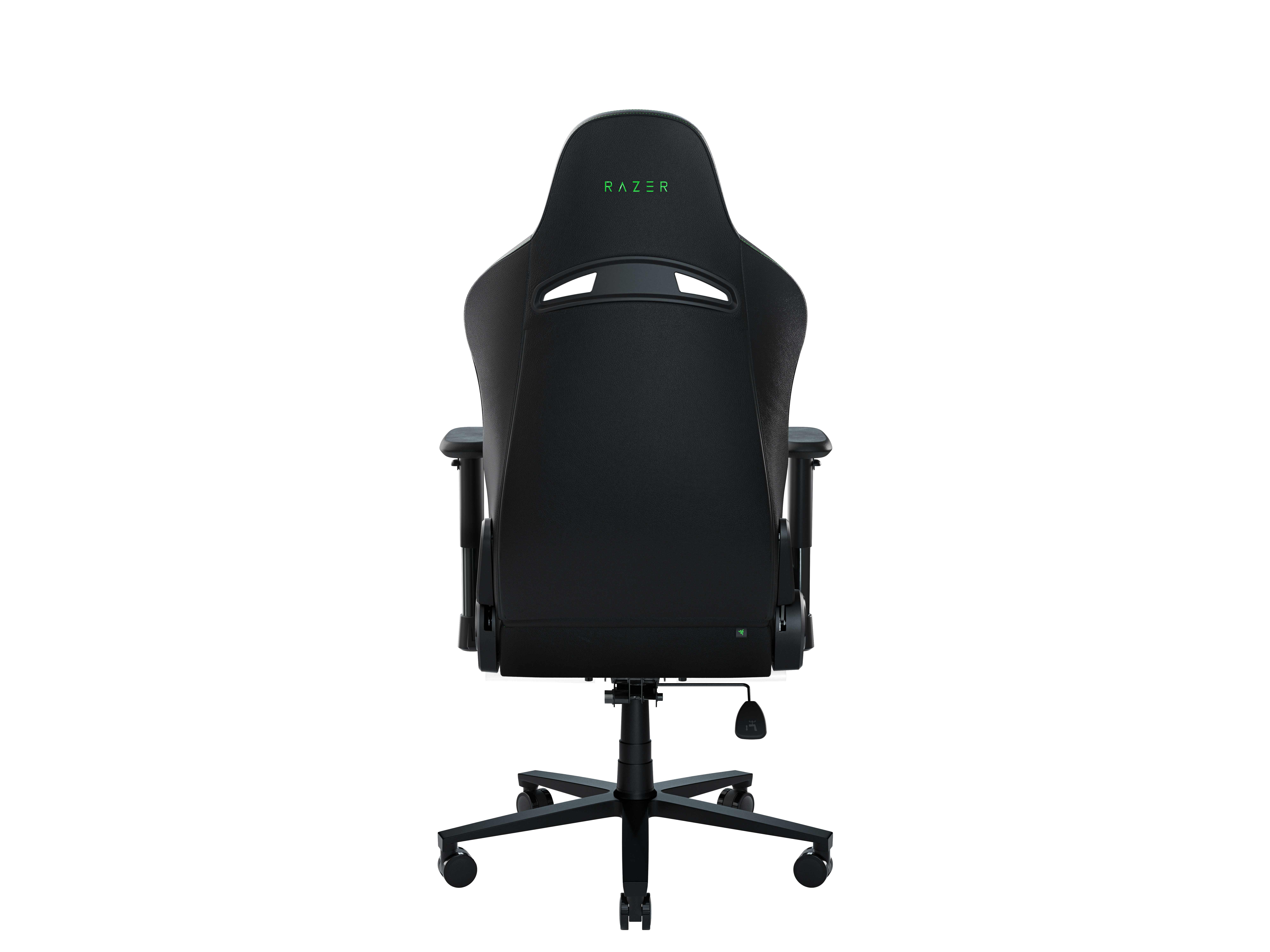 Schwarzer Razer-Gaming-Stuhl-Rücken, mit Logo und Basis, vor weißem Hintergrund.