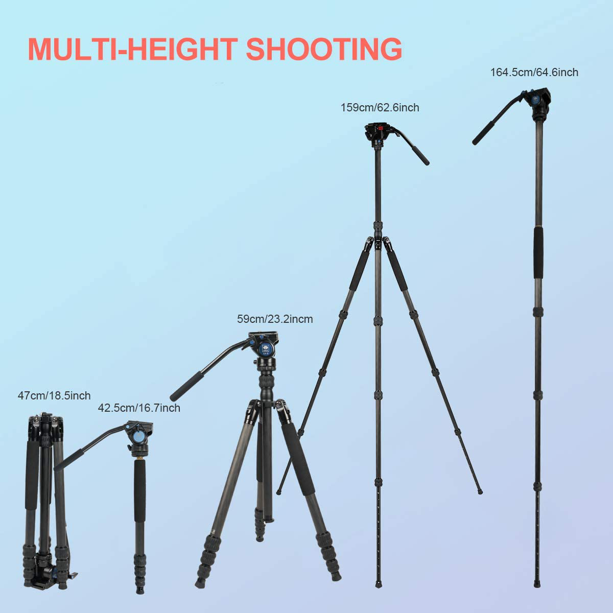 Trépieds à différentes hauteurs avec mesures, étiquetés 'MULTI-HEIGHT SHOOTING'.