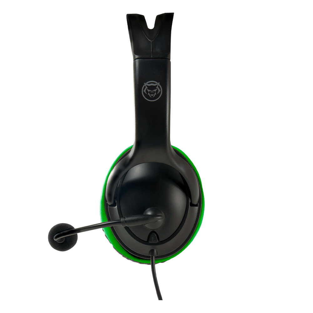 Gaming headset. Zwarte headset met groene oorschelpen. Microfoon komt uit de linker oorschelp.