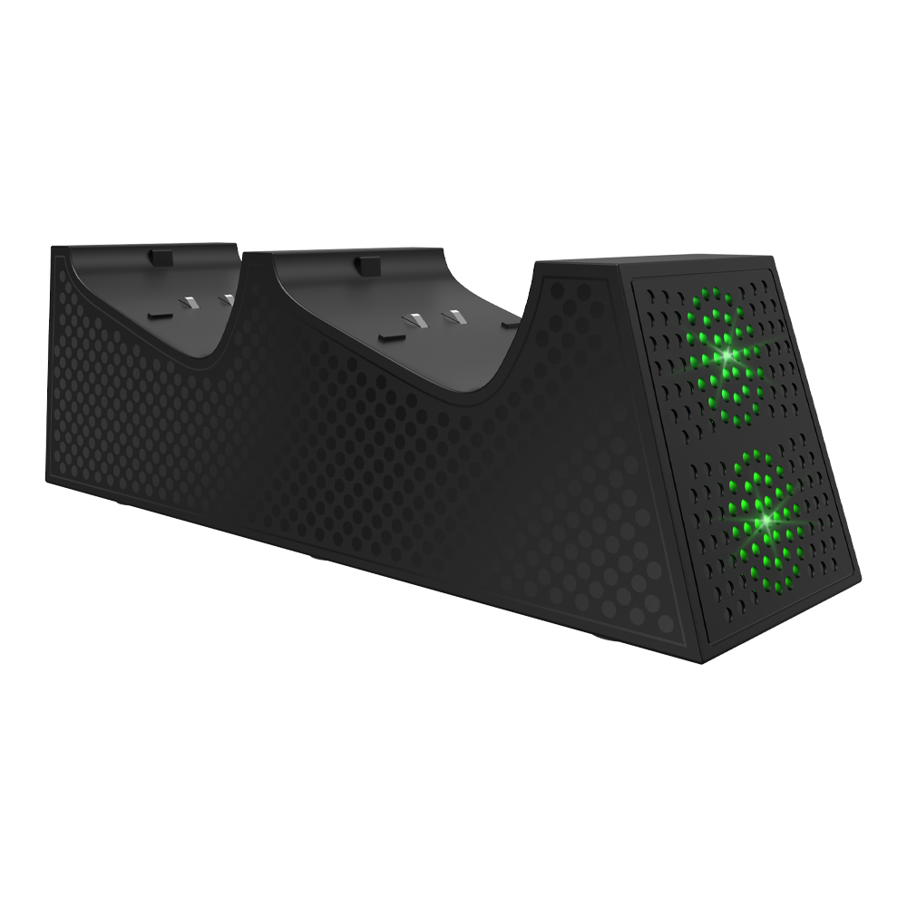 Zwart oplaadstation voor gamecontrollers, met groene lichten.