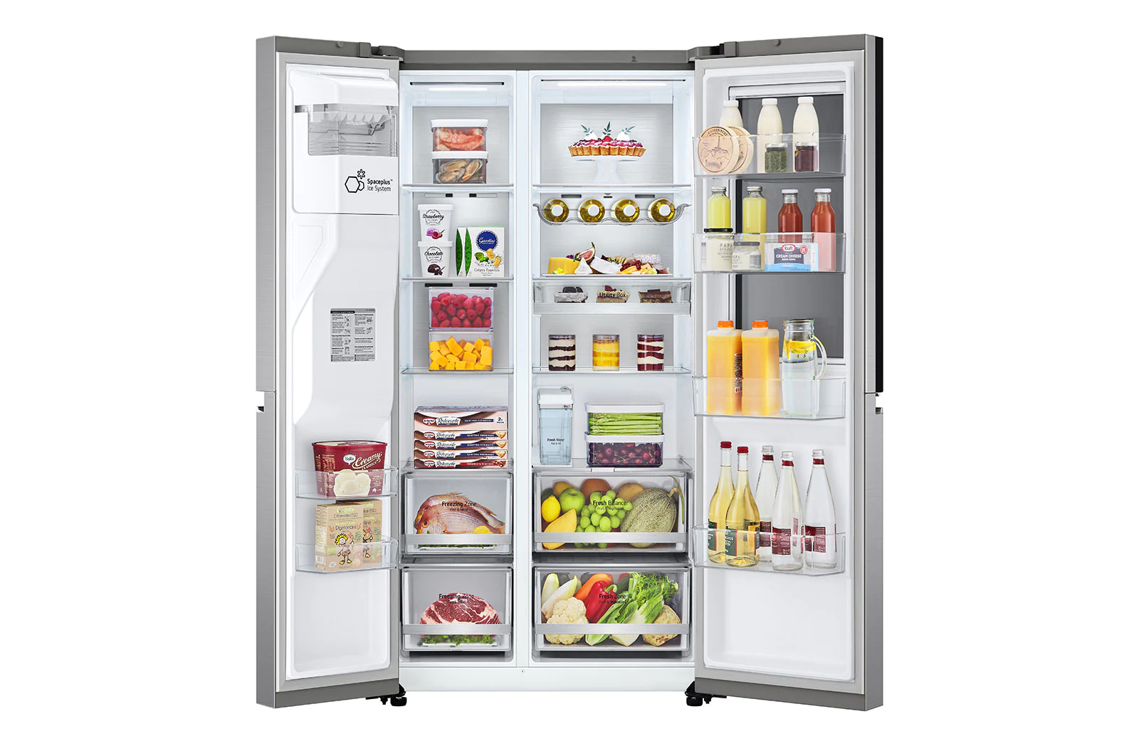 Geöffneter Kühlschrank mit Lebensmitteln gefüllt. Früchte, Getränke und Fächer sichtbar.
