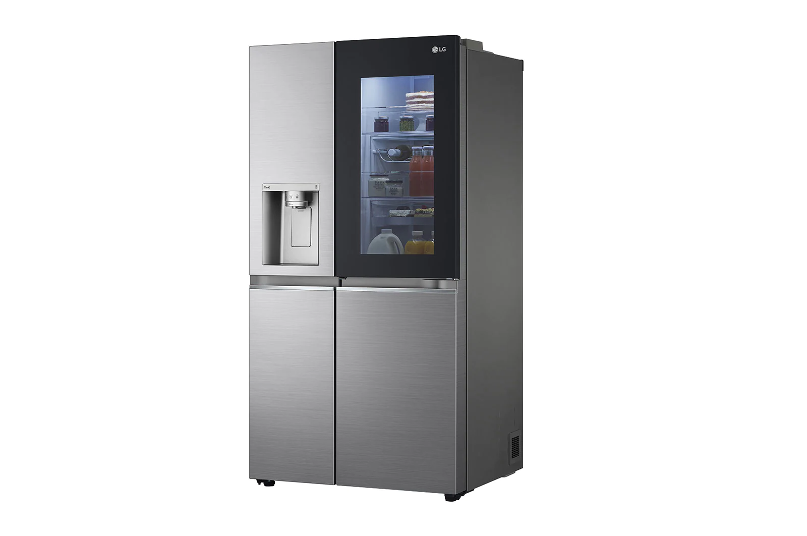 Silberner LG-Kühlschrank mit schwarzer Tür und Wasserspender.