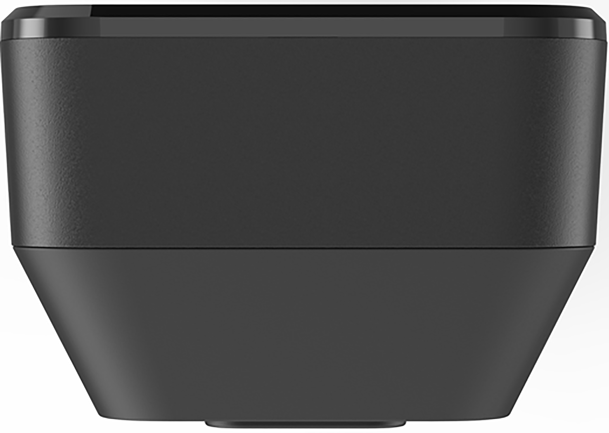 Black, rectangular device. Top and bottom are flat, with a slight angled side. Smooth texture.
