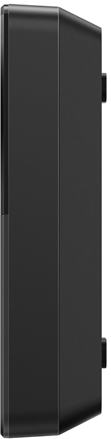 Black device, side view, with a curved shape and a flat surface on the right side. It's against a white backdrop.