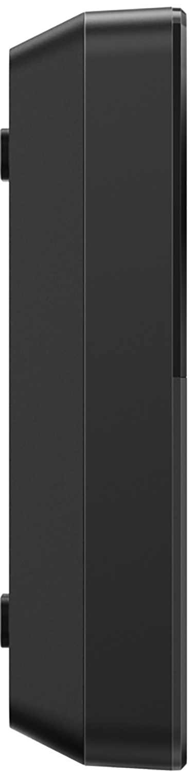 Black device side view with a slightly curved design.
