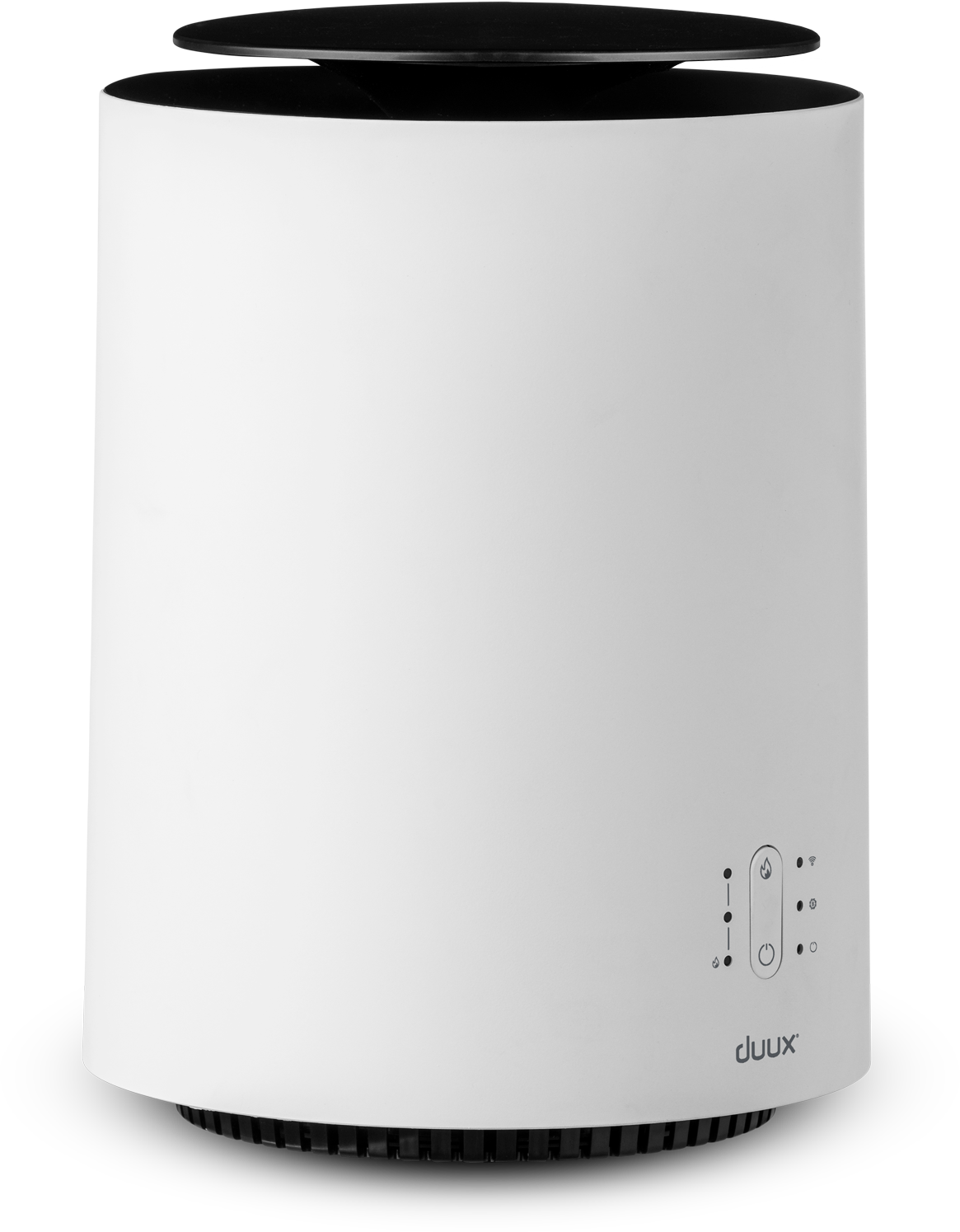 White cylindrical air purifier with black top and bottom, showing control panel on the side.