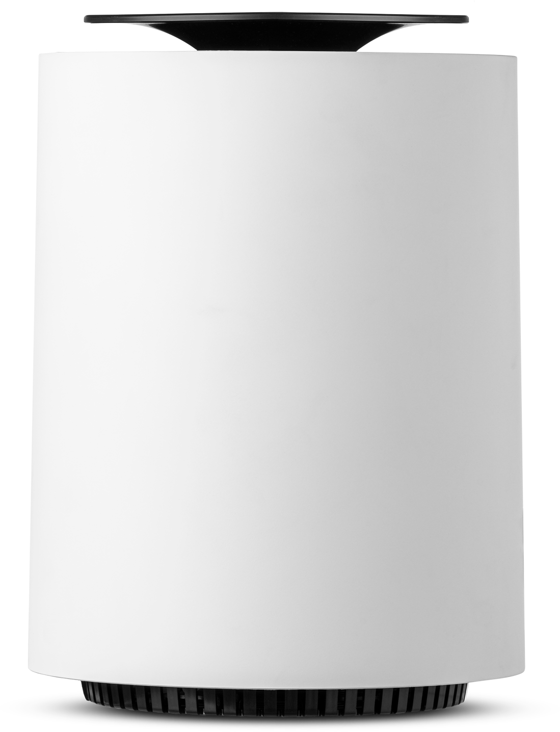 White cylindrical lamp with black top and bottom. It stands on a black surface.