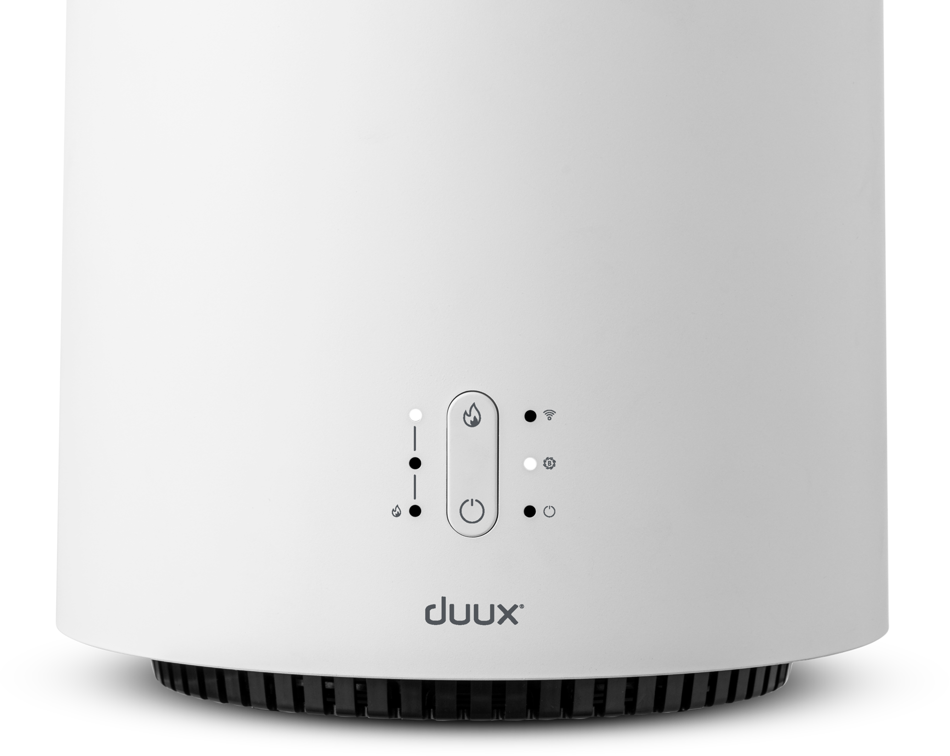 Close-up of a white humidifier with buttons and lights on the front panel. Black background.