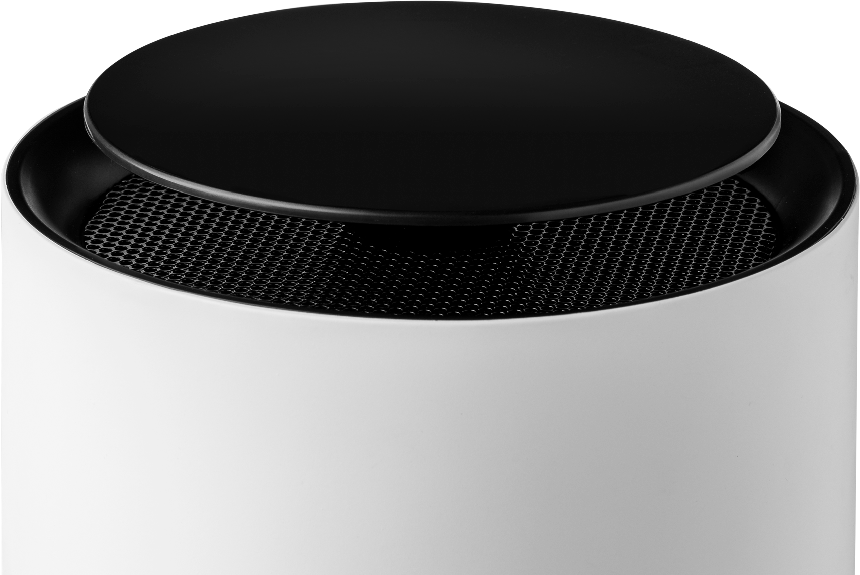White air purifier with a black top, and a mesh grill.