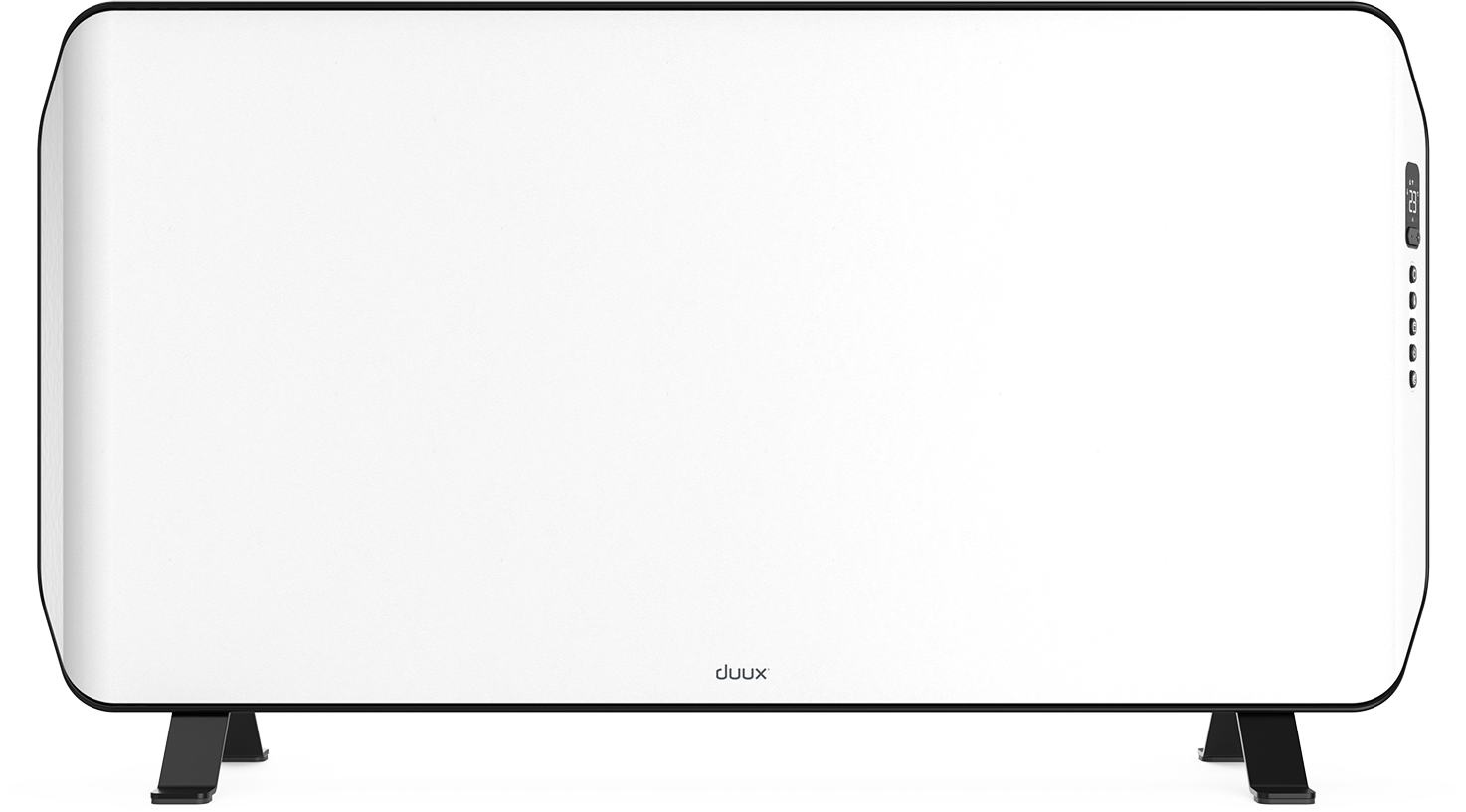 Een witte elektrische kachel met zwarte poten. Het heeft een digitaal display rechtsboven.