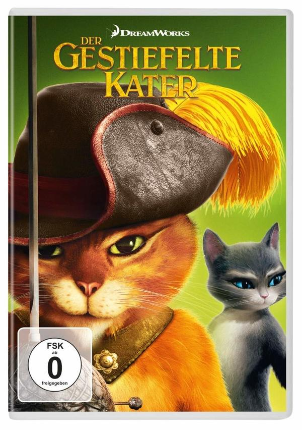 DVD-Cover: Der gestiefelte Kater und eine Katze. Titel 'Der Gestiefelte Kater'. Grüner Hintergrund und FSK 0-Bewertung.