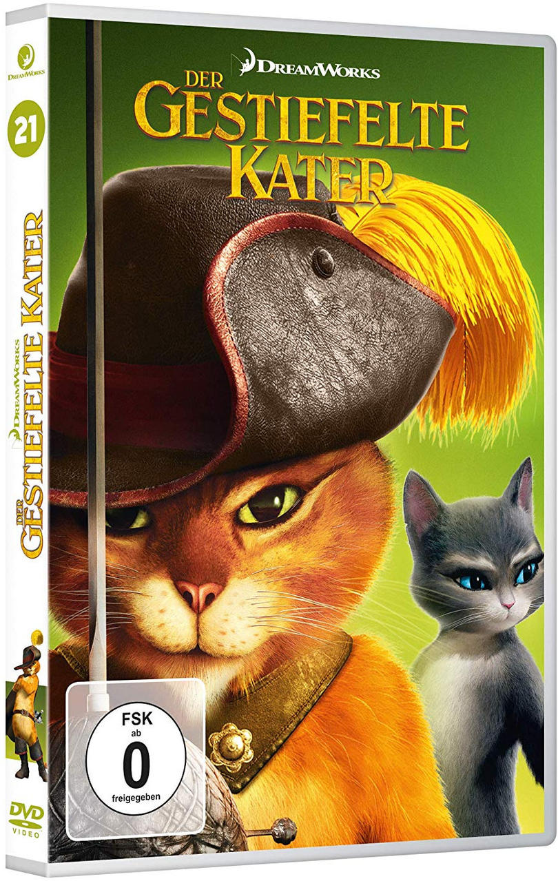 Filmcover: Der gestiefelte Kater, orange Katze mit Hut und graue Katze.