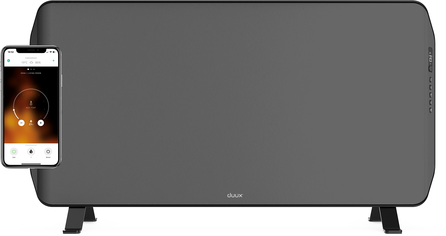 A gray heater with a phone displaying settings. The heater has black legs, and the duux logo.