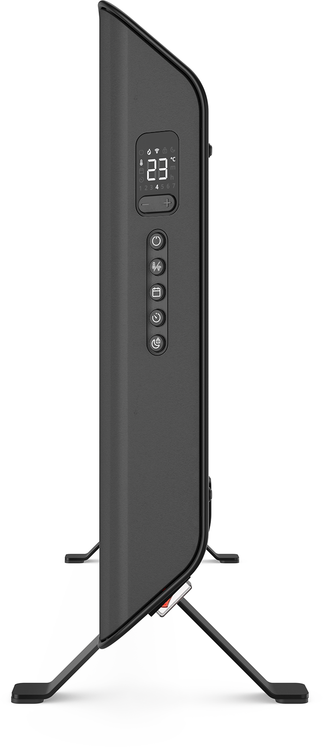 Black electric heater standing. Has digital display and control buttons.