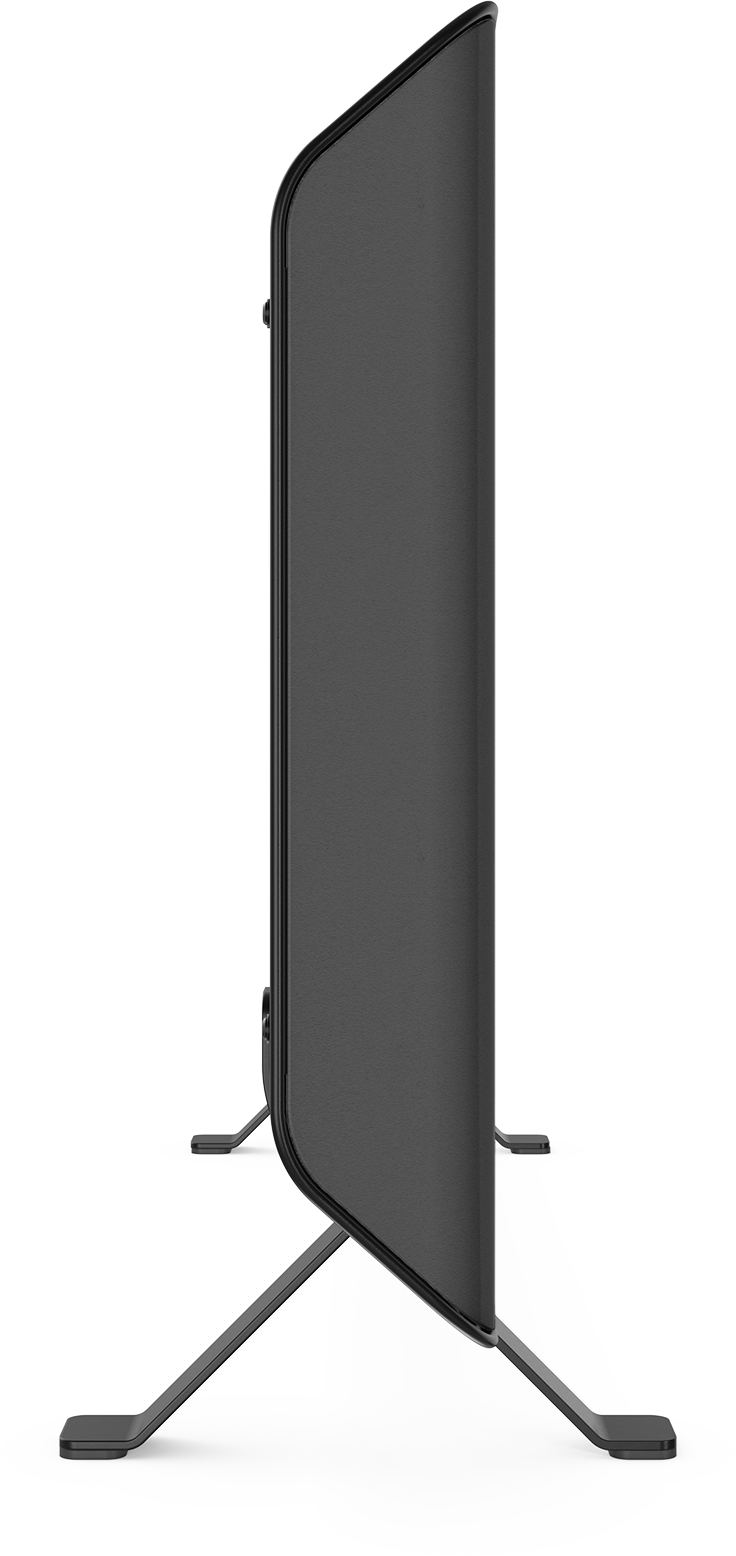 A side view of a black TV with thin legs, on a white surface. The screen is black.