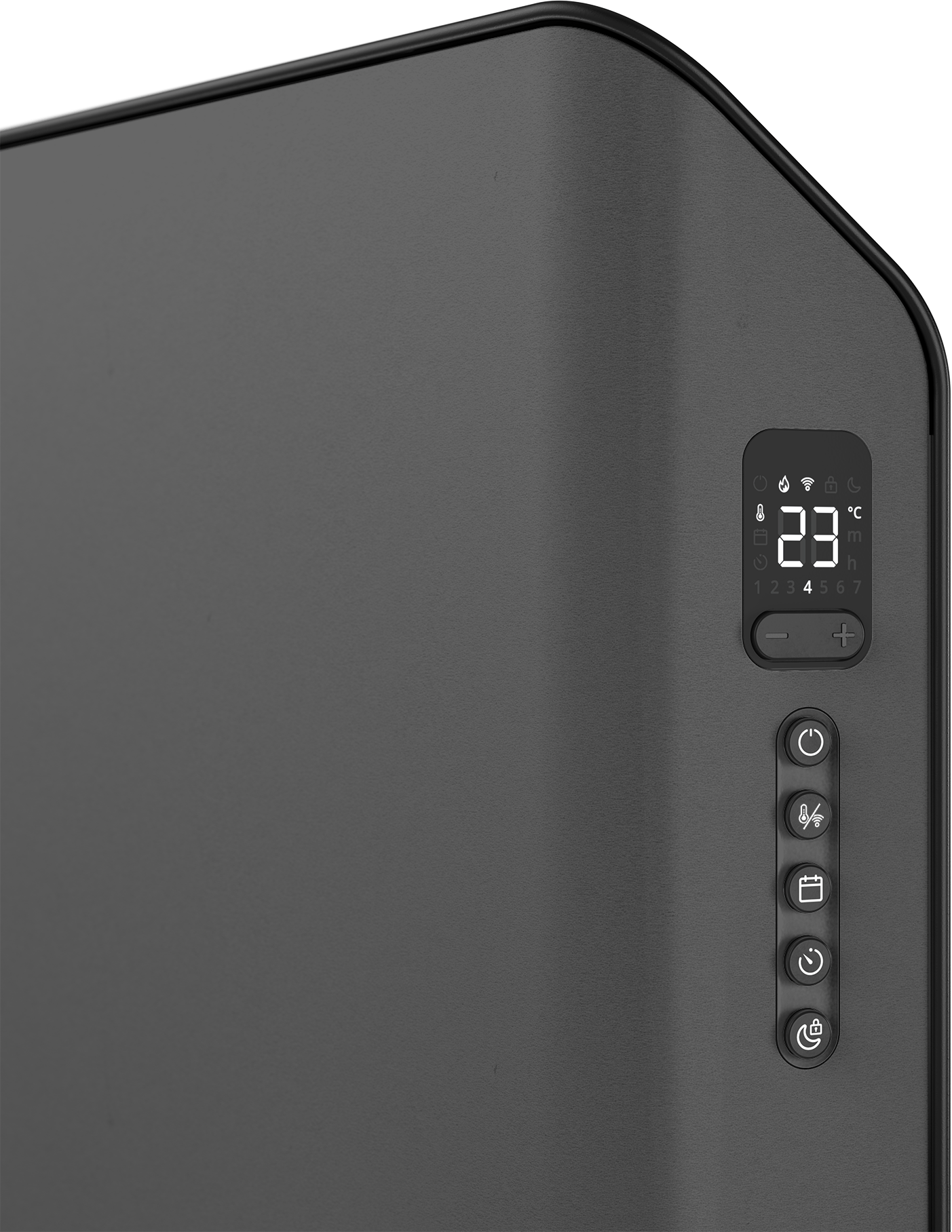 A black digital heater with a display showing the temperature and control buttons.