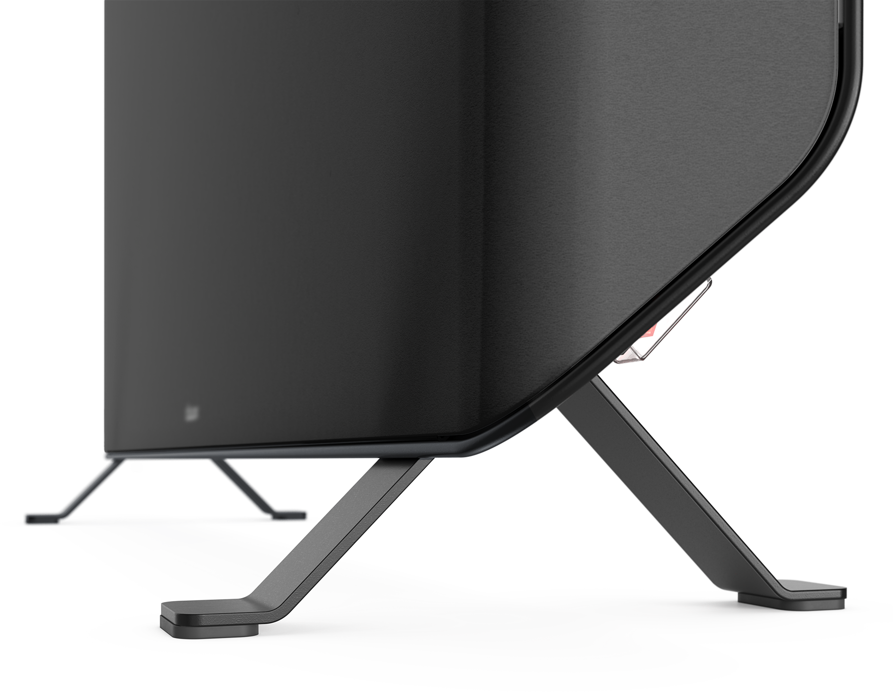 Black TV stand leg, angled view, on a white background. Minimalist design.