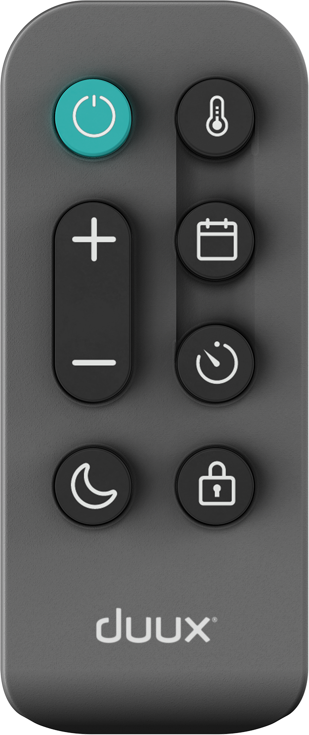 A dark gray remote control with various buttons like power, temperature, and lock.