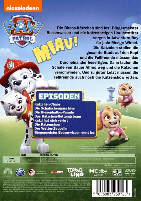 Paw Patrol DVD-Cover. Figuren Marshall und Skye auf grünem Hintergrund. Text auf Deutsch.