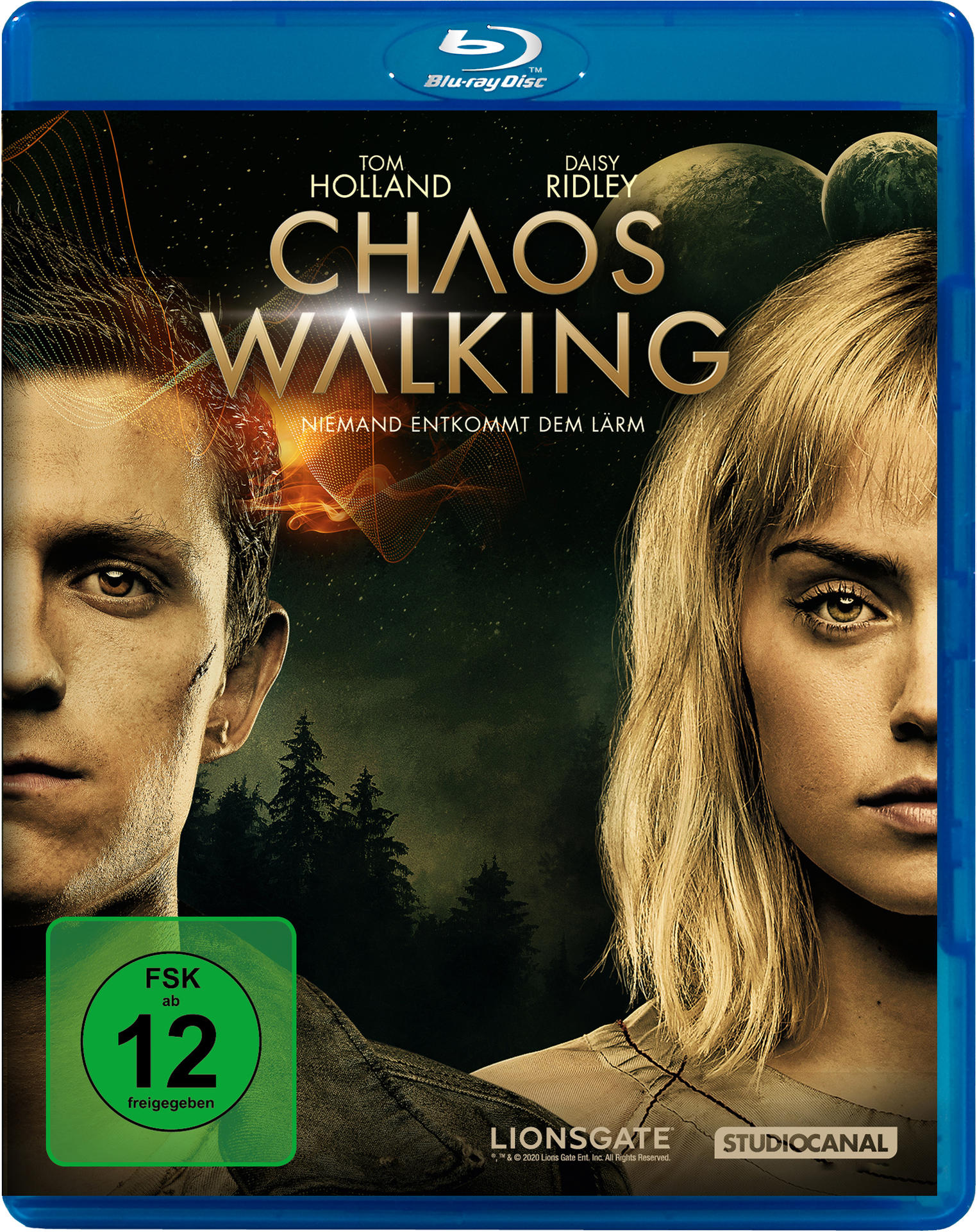 Blu-ray-Hülle für 'Chaos Walking'. Mit Tom Holland und Daisy Ridley, mit dunklem, weltraumähnlichem Hintergrund.