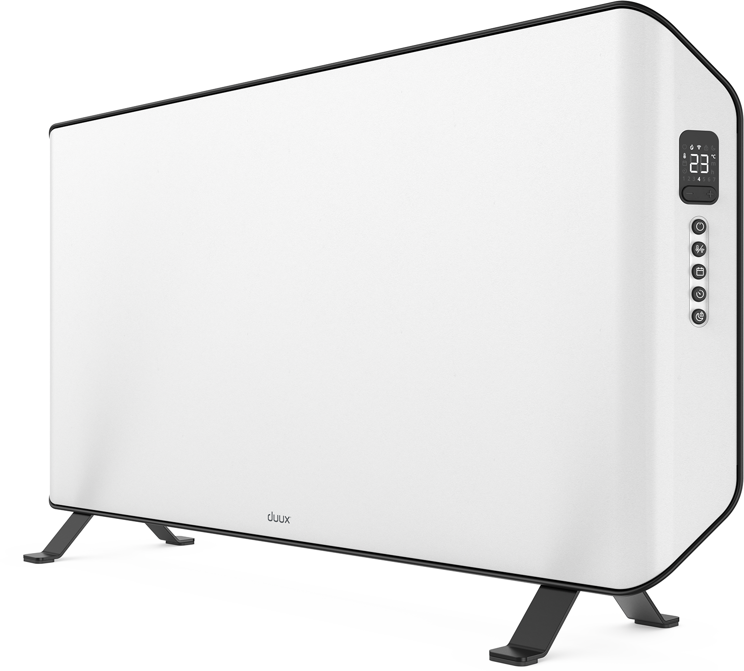Een witte elektrische kachel met een digitaal display met 23 graden. Het heeft zwarte poten en een zwarte rand. Het merk is duux.