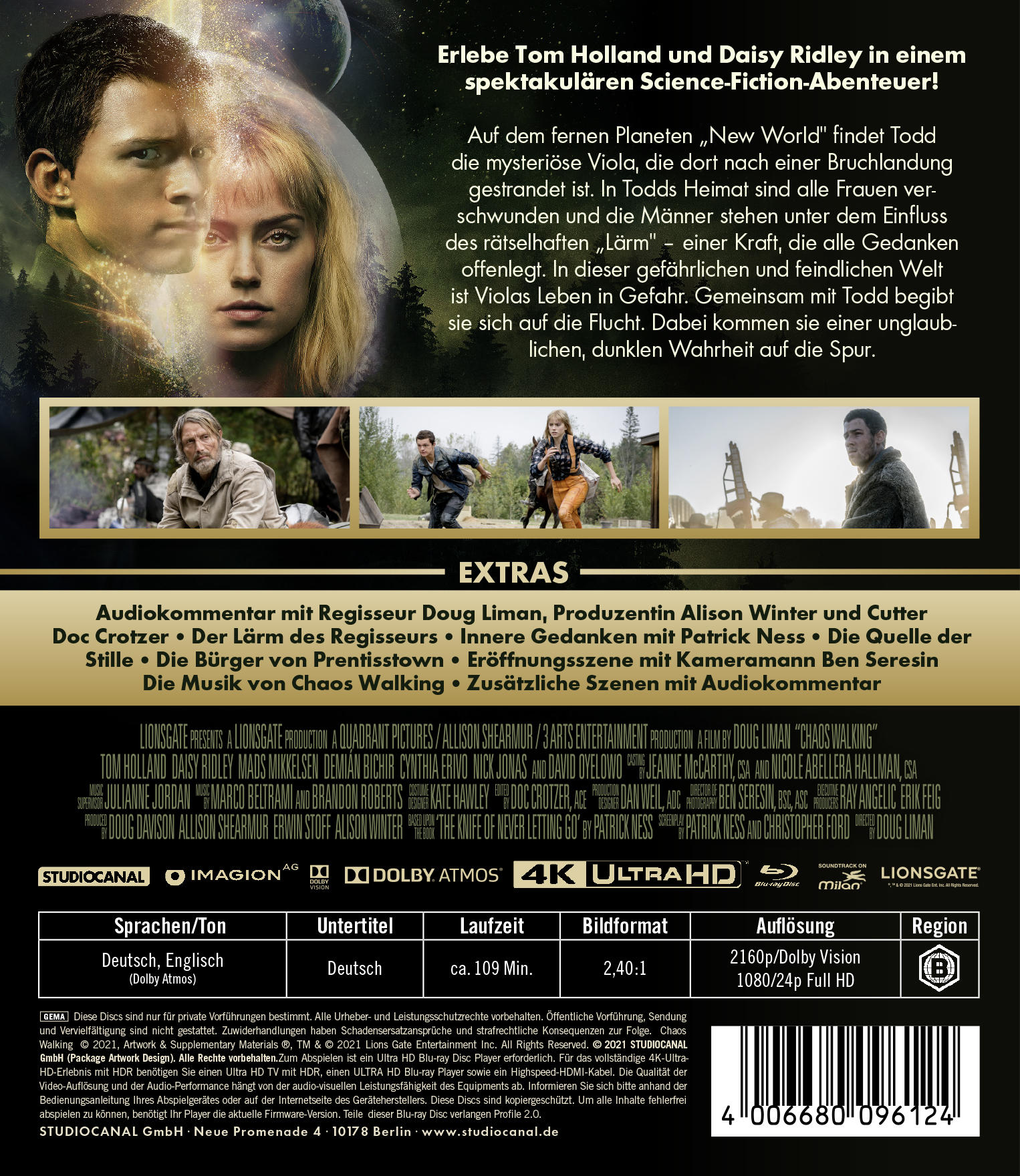Rückseite einer Science-Fiction-Blu-ray-Disc mit einer Filmszene und Details auf Deutsch.