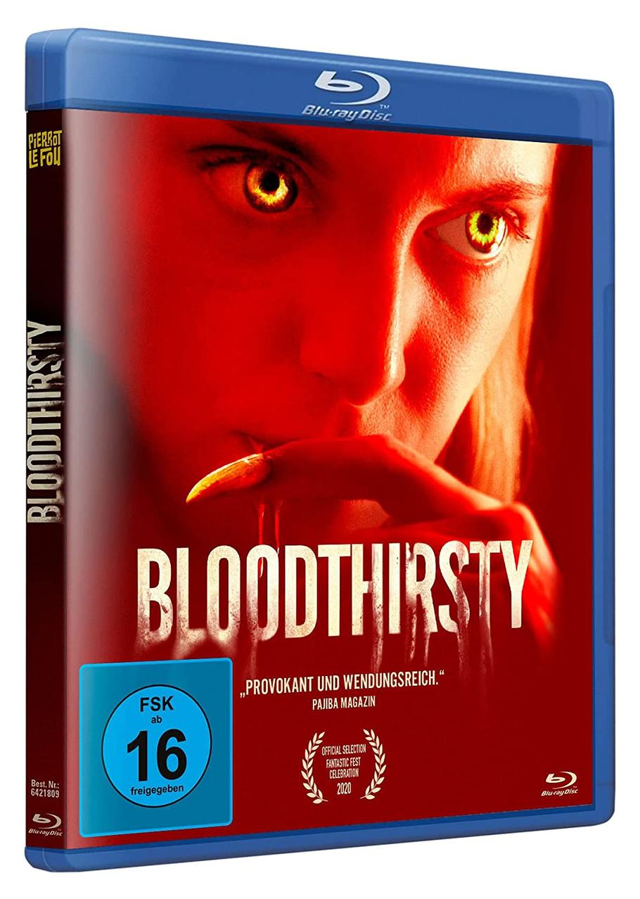 Das Blu-ray-Filmcover von "Bloodthirsty" mit einem Frauengesicht und Text auf rotem Hintergrund.