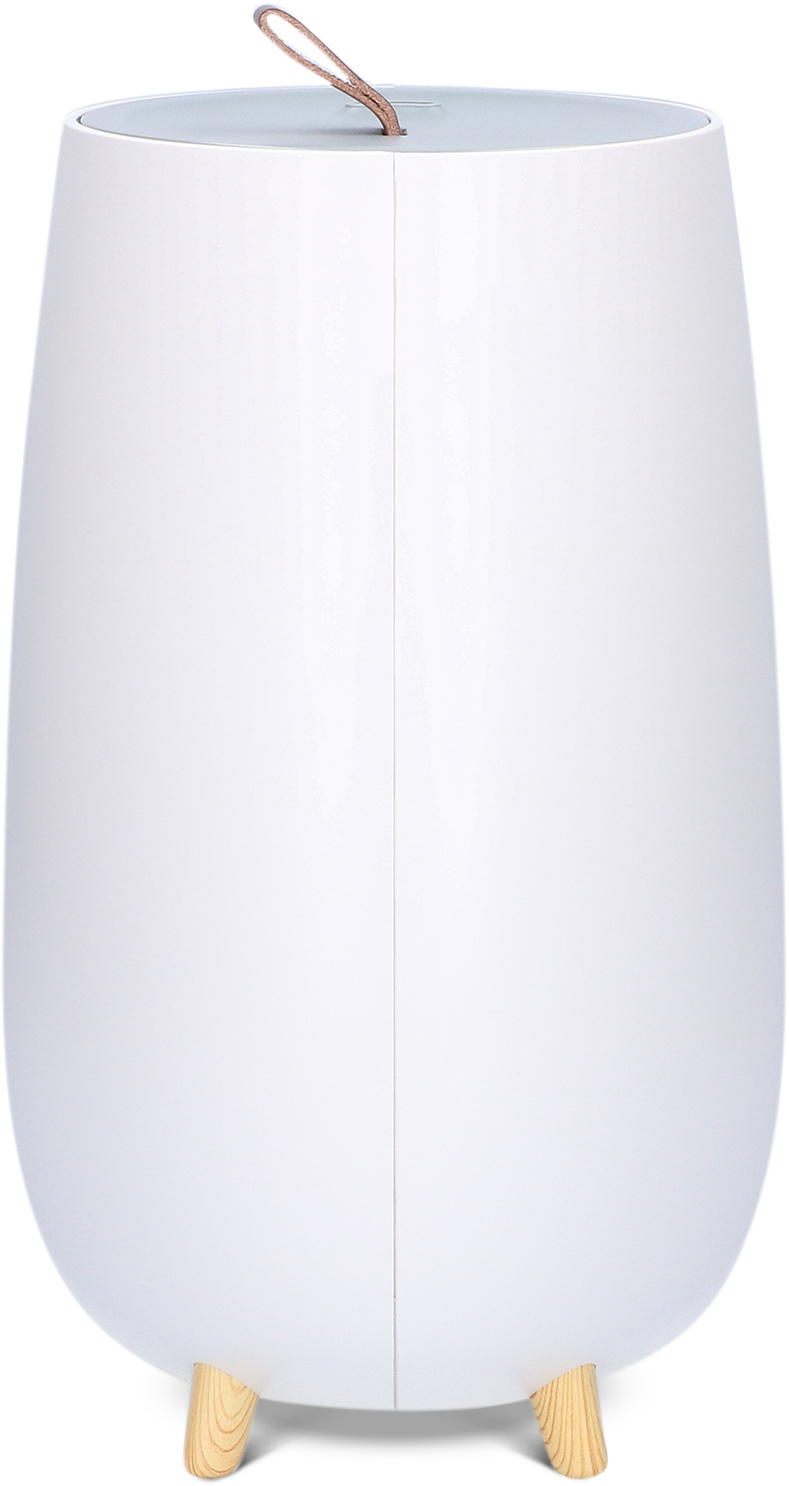 Witte lamp met houten poten en een leren handvat.