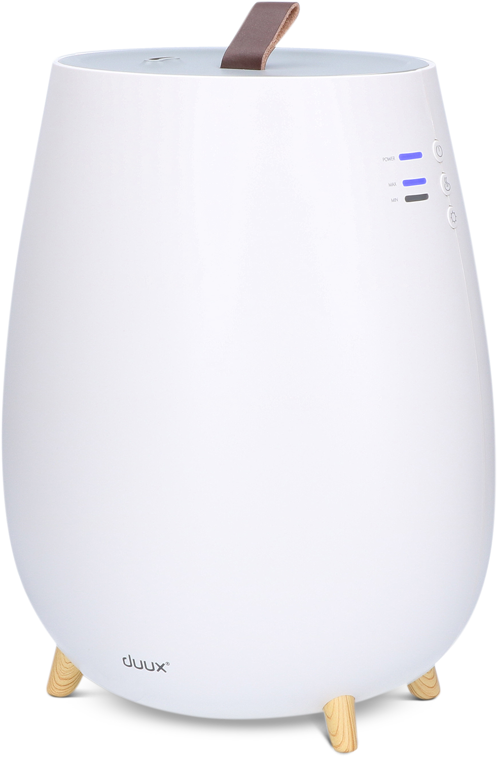 Witte Duux luchtbevochtiger met houten poten en een leren handvat.