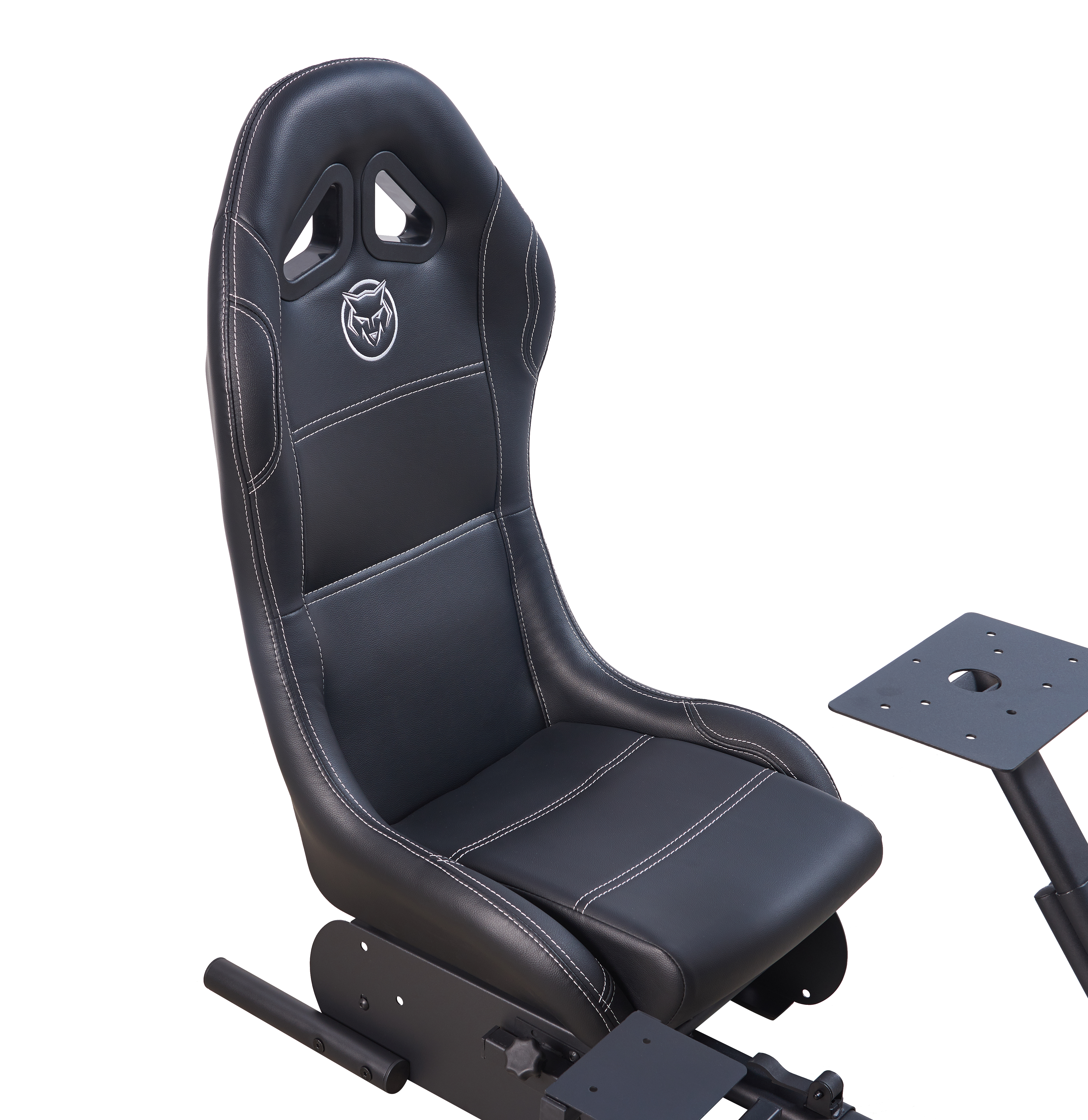 Black and white gaming chair. Has racing seat design with white stitching.