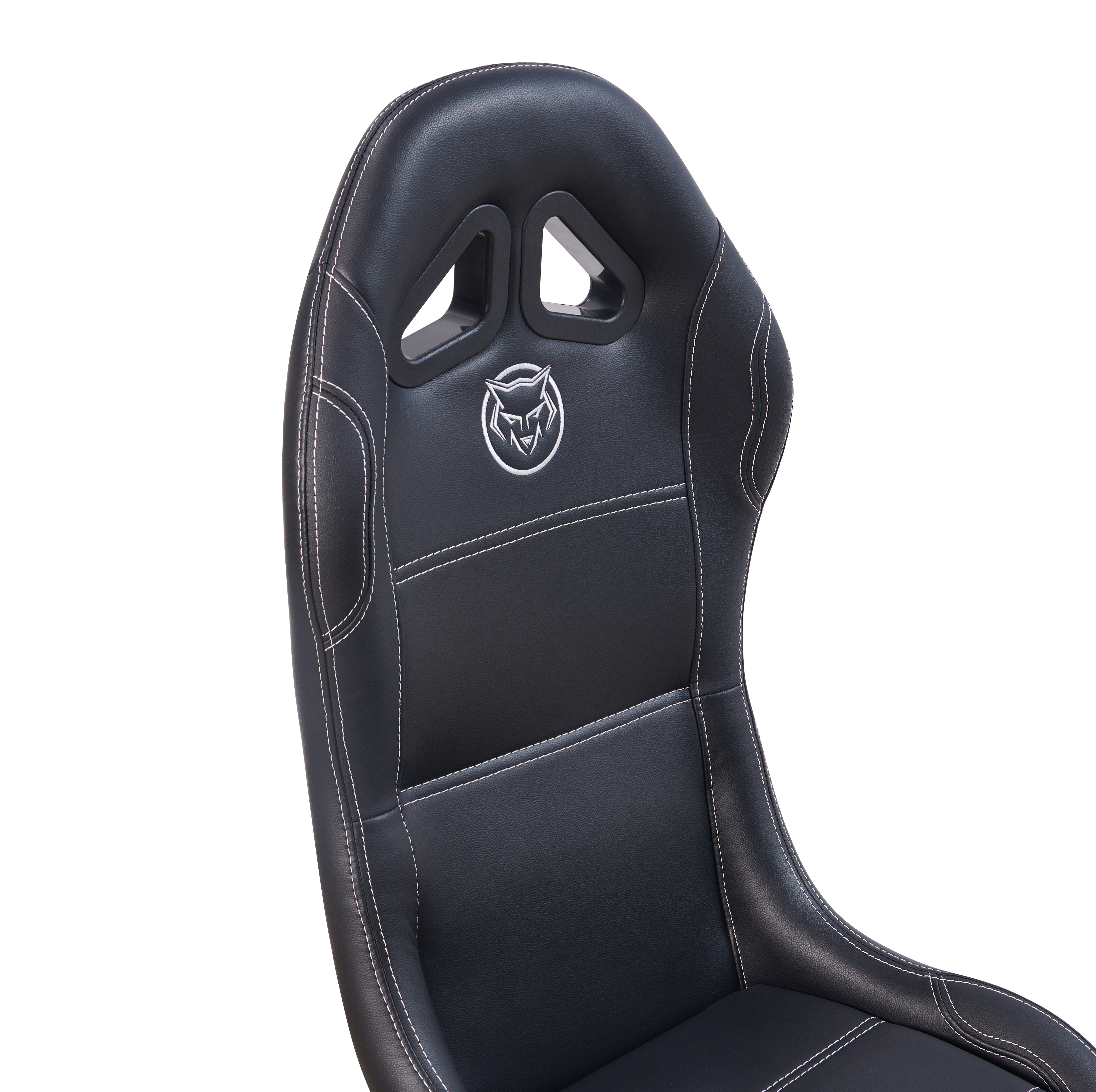 Close-up of a black racing seat with white stitching and a logo on a white background.