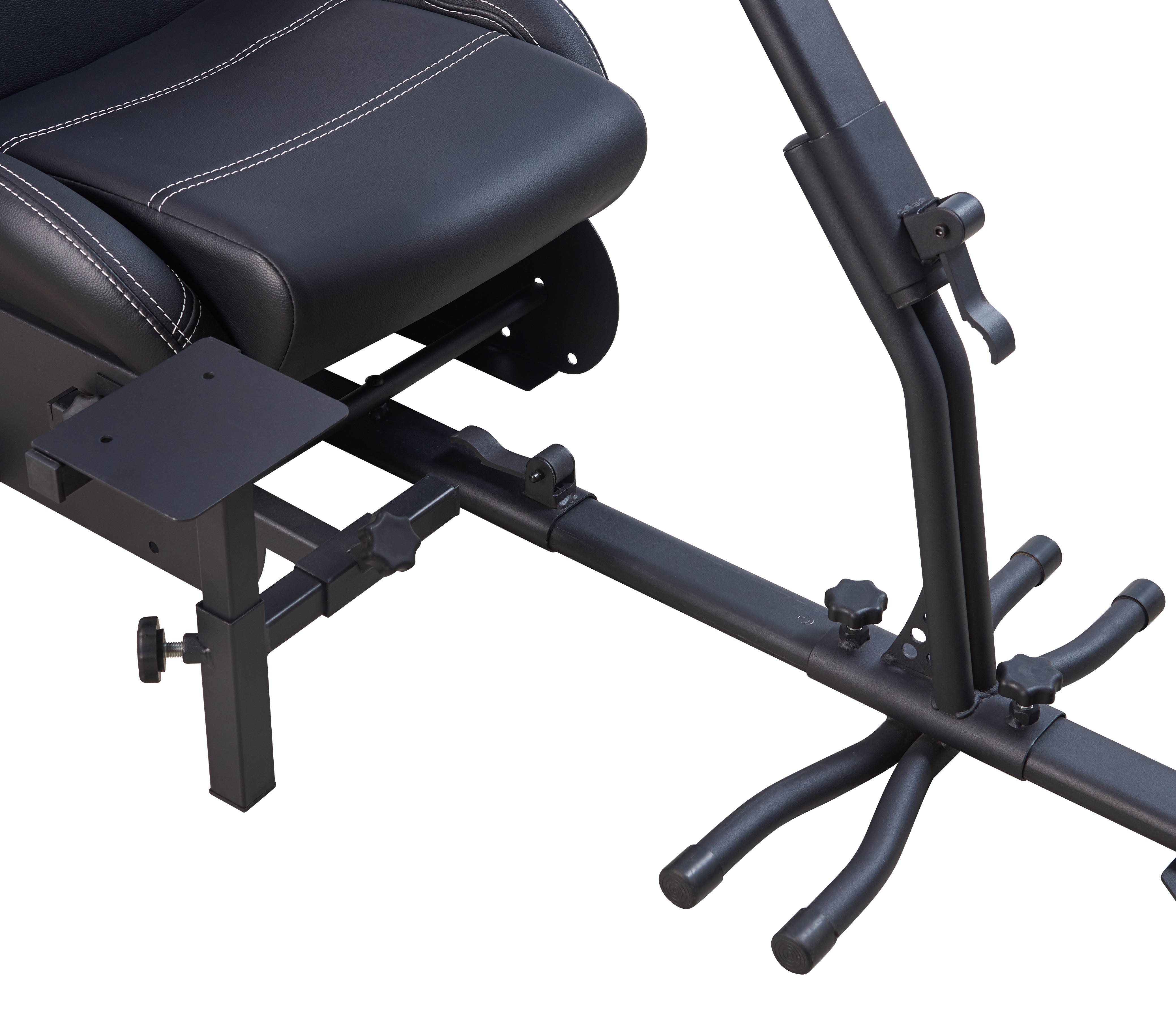 Gaming chair and metal frame. The chair is black, and the frame is black.