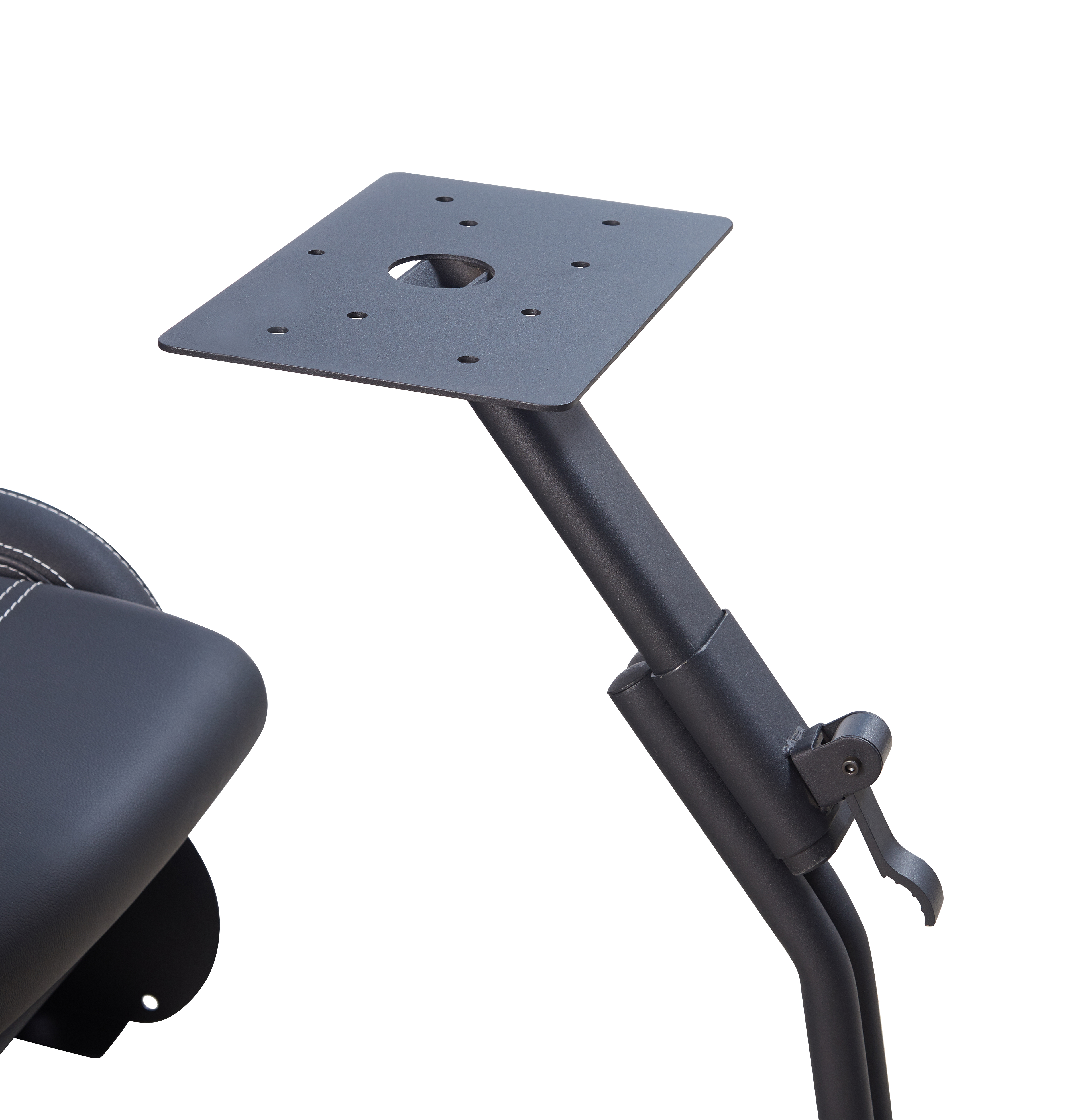 Black stand with a square top. Connected to a black chair, white background.