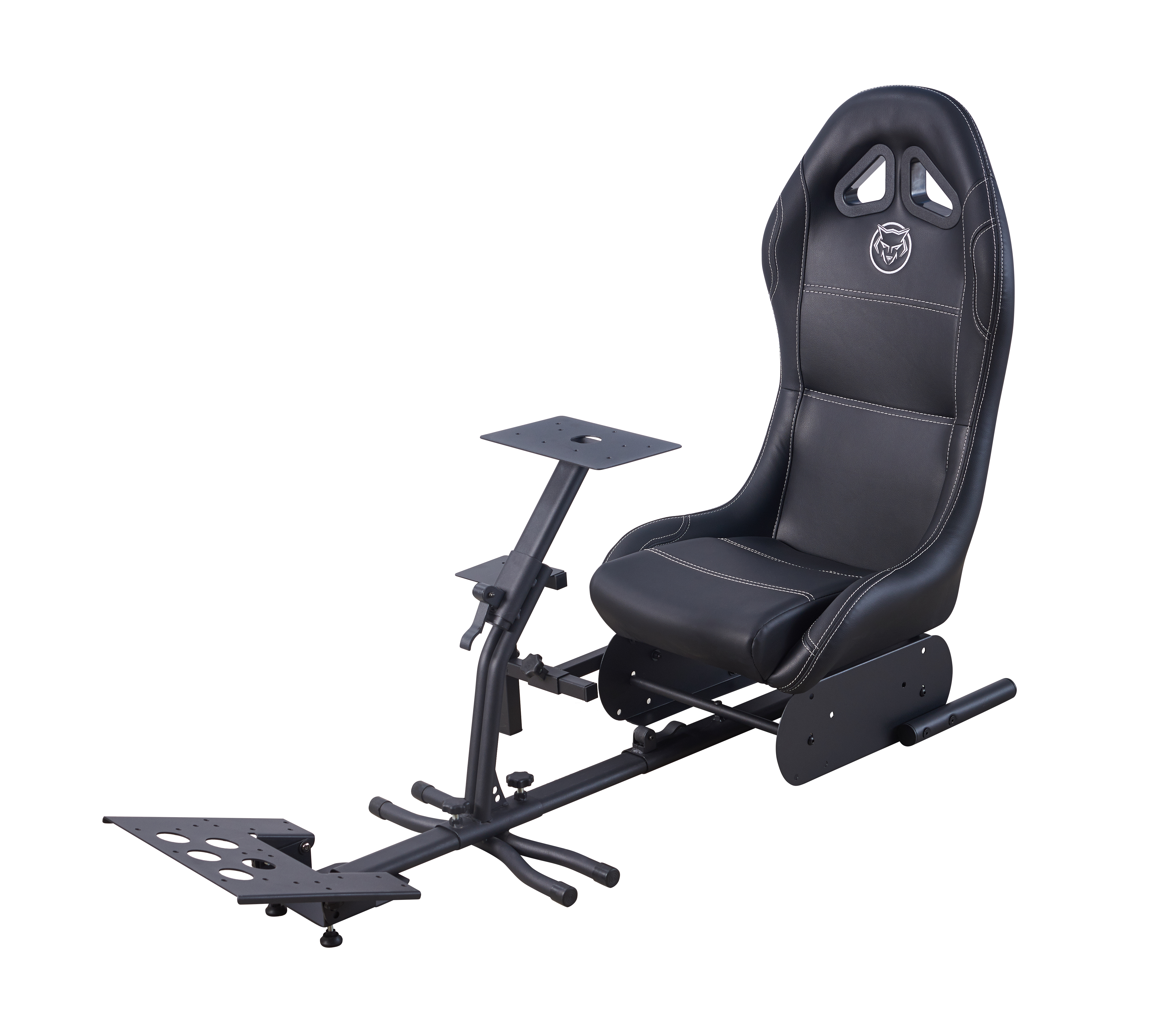 A black gaming chair with a white logo and stitching sits on a white background.