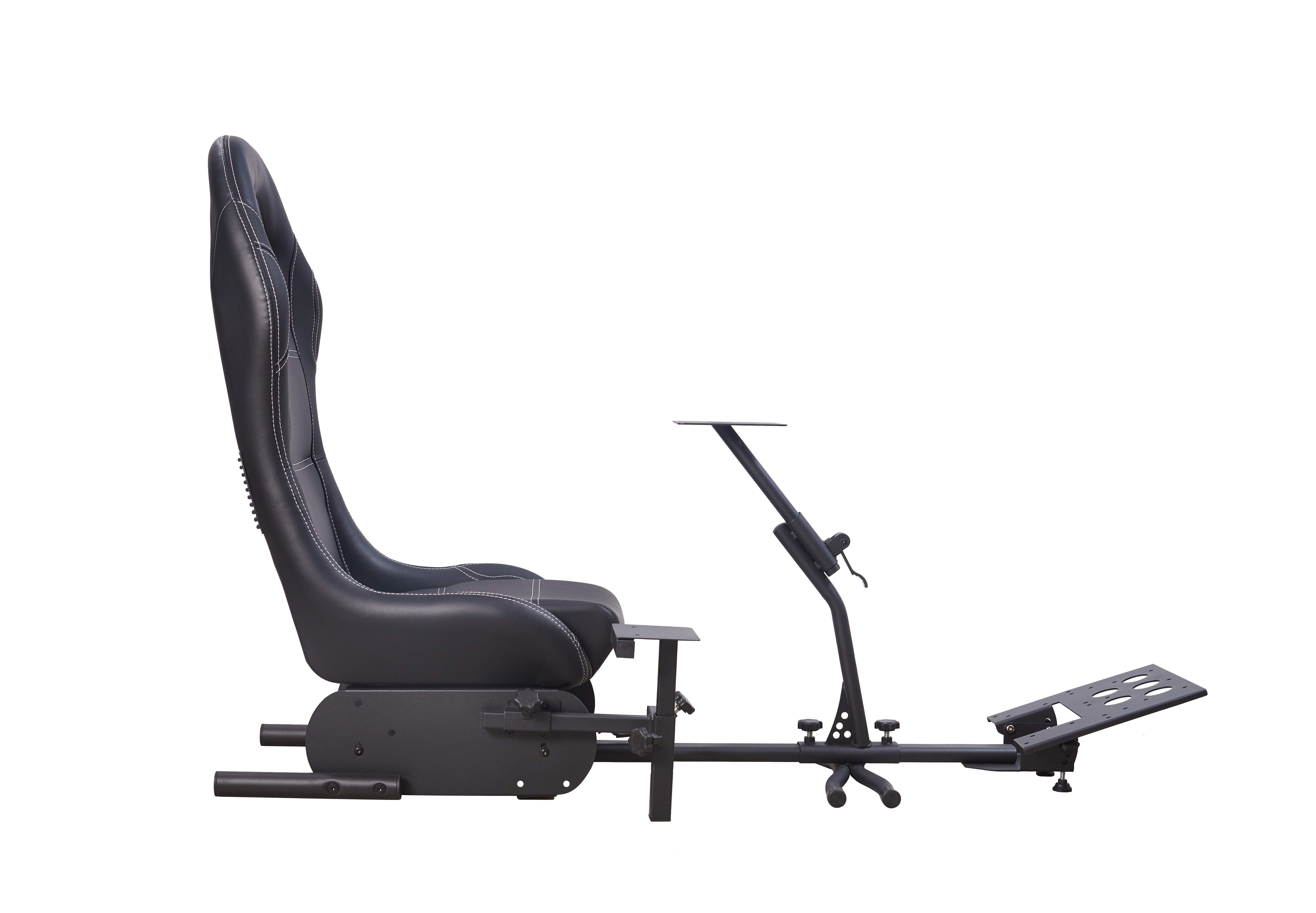 Black racing chair with a side table and footrest. White background.