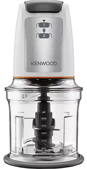 Un robot culinaire Kenwood blanc et argent avec un bol transparent.