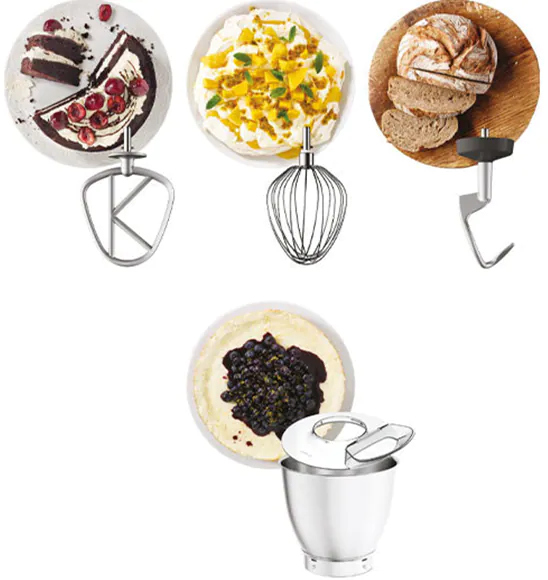 Food preparation tools. Cake, dough, and bread visible, with different attachments.