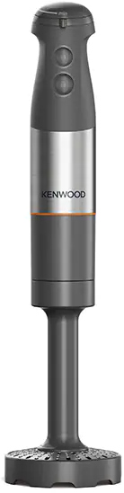 A grey and silver Kenwood immersion blender. It has two buttons and an orange stripe.