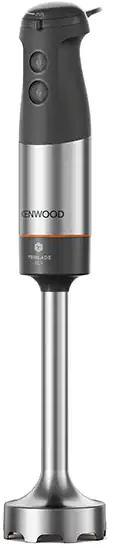 A silver and black immersion blender with a Kenwood logo on a white background.