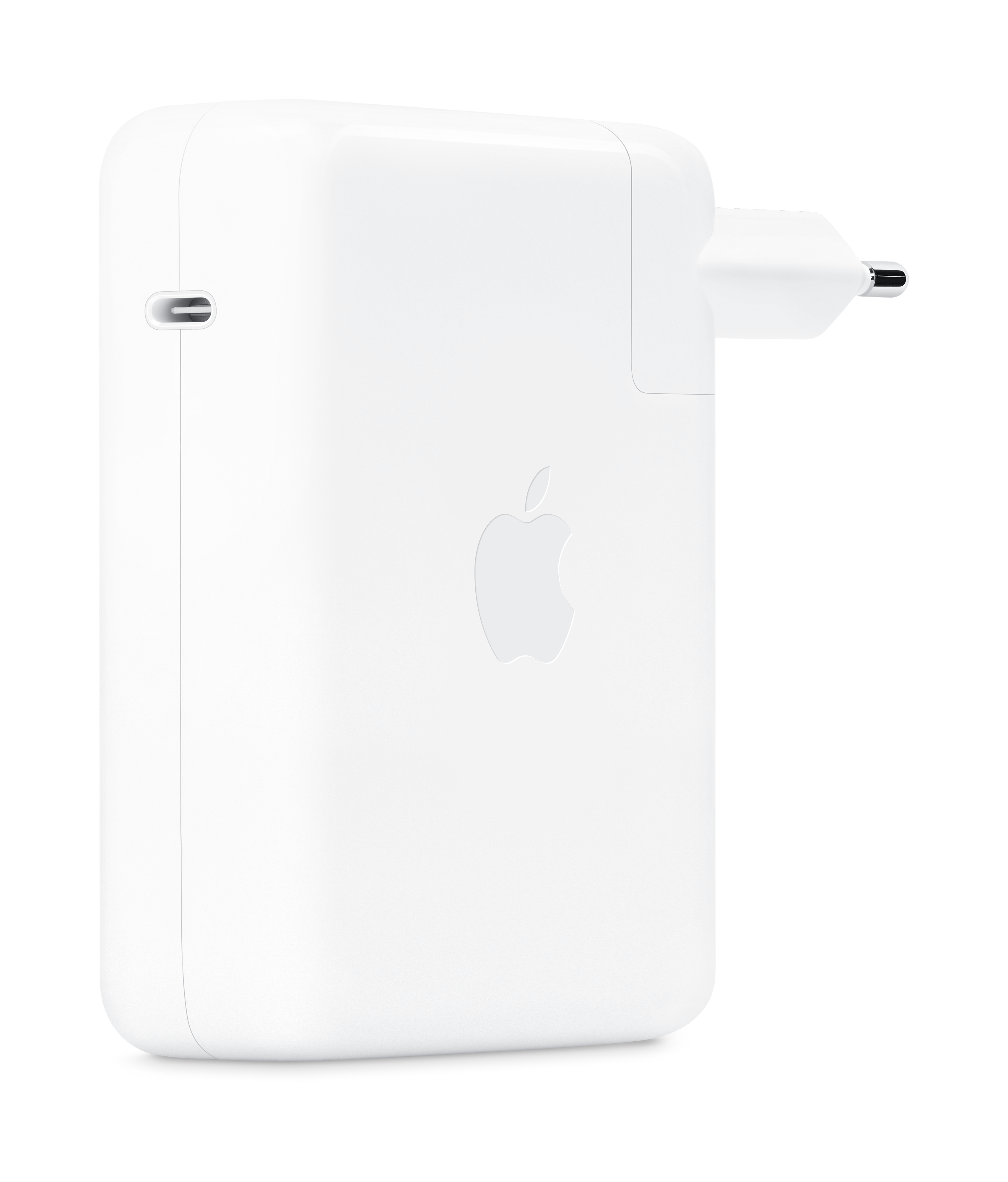 Cargador Apple blanco con logo y enchufe. Aislado sobre fondo blanco.
