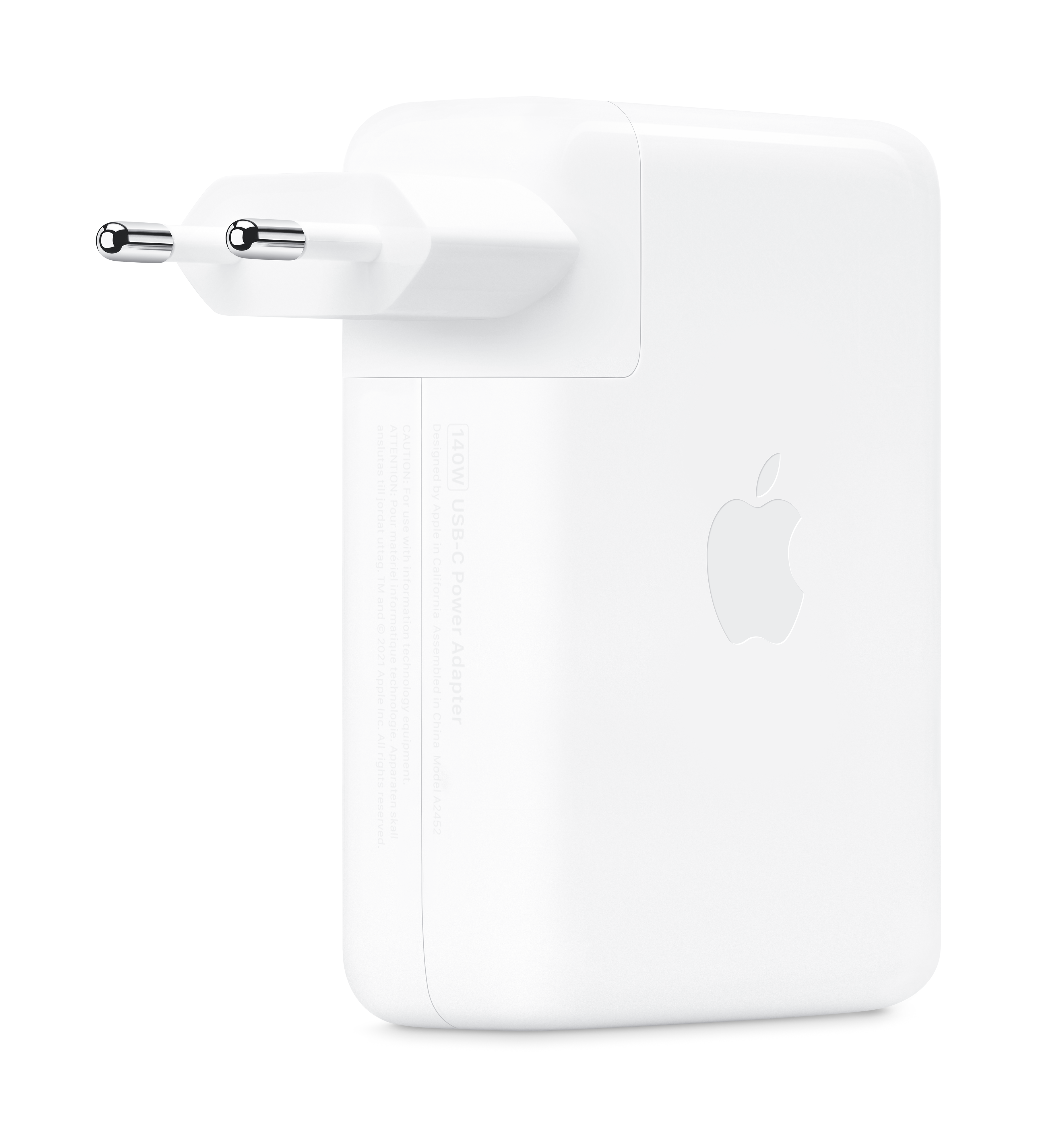 Adaptador de corriente USB-C Apple de 140 W blanco con enchufe.
