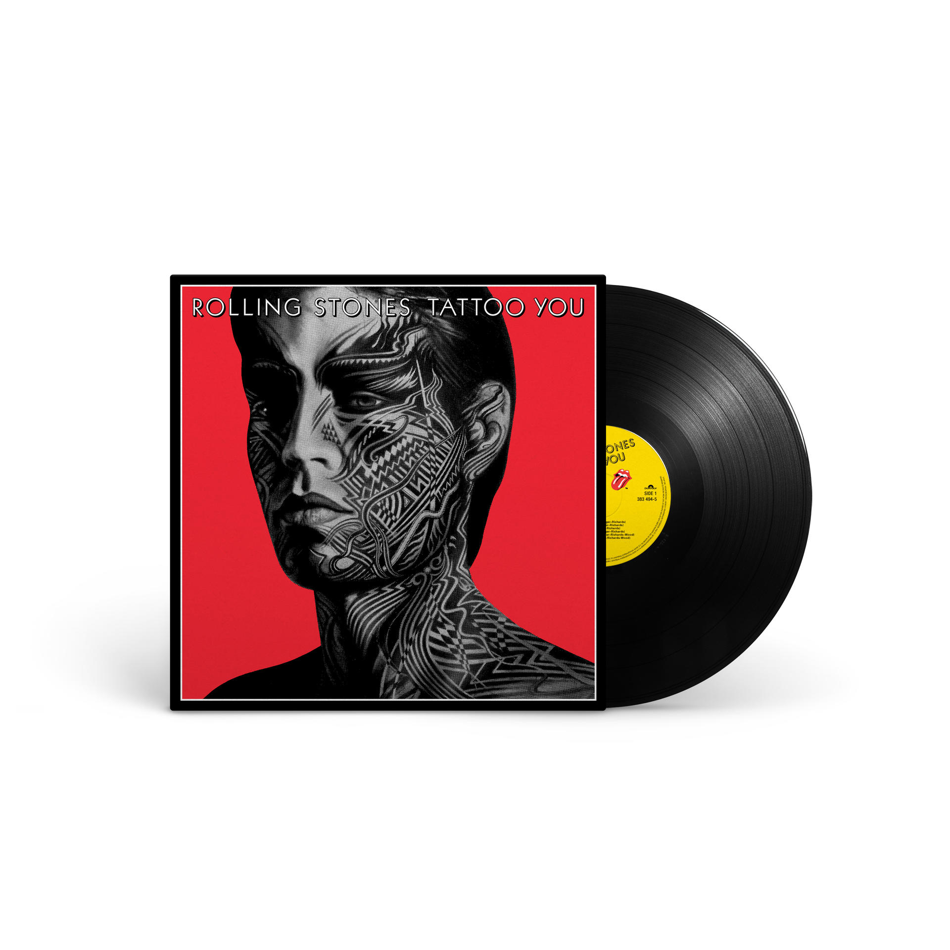 Rolling Stones "Tattoo You" bakelit album borítója. Fekete-fehér arcot ábrázol piros háttéren.