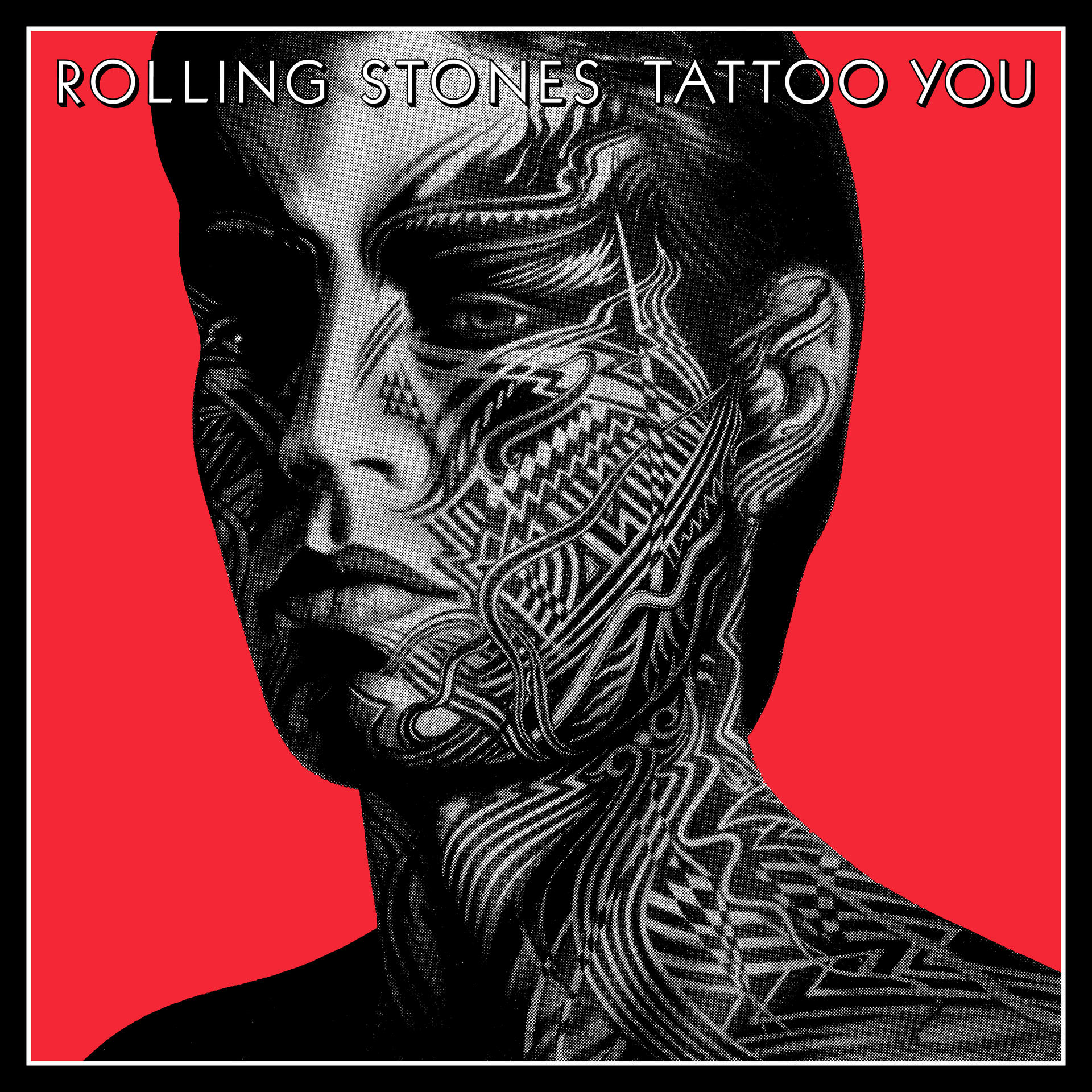 A Rolling Stones 'Tattoo You' című albumának borítója, fekete-fehér arccal.