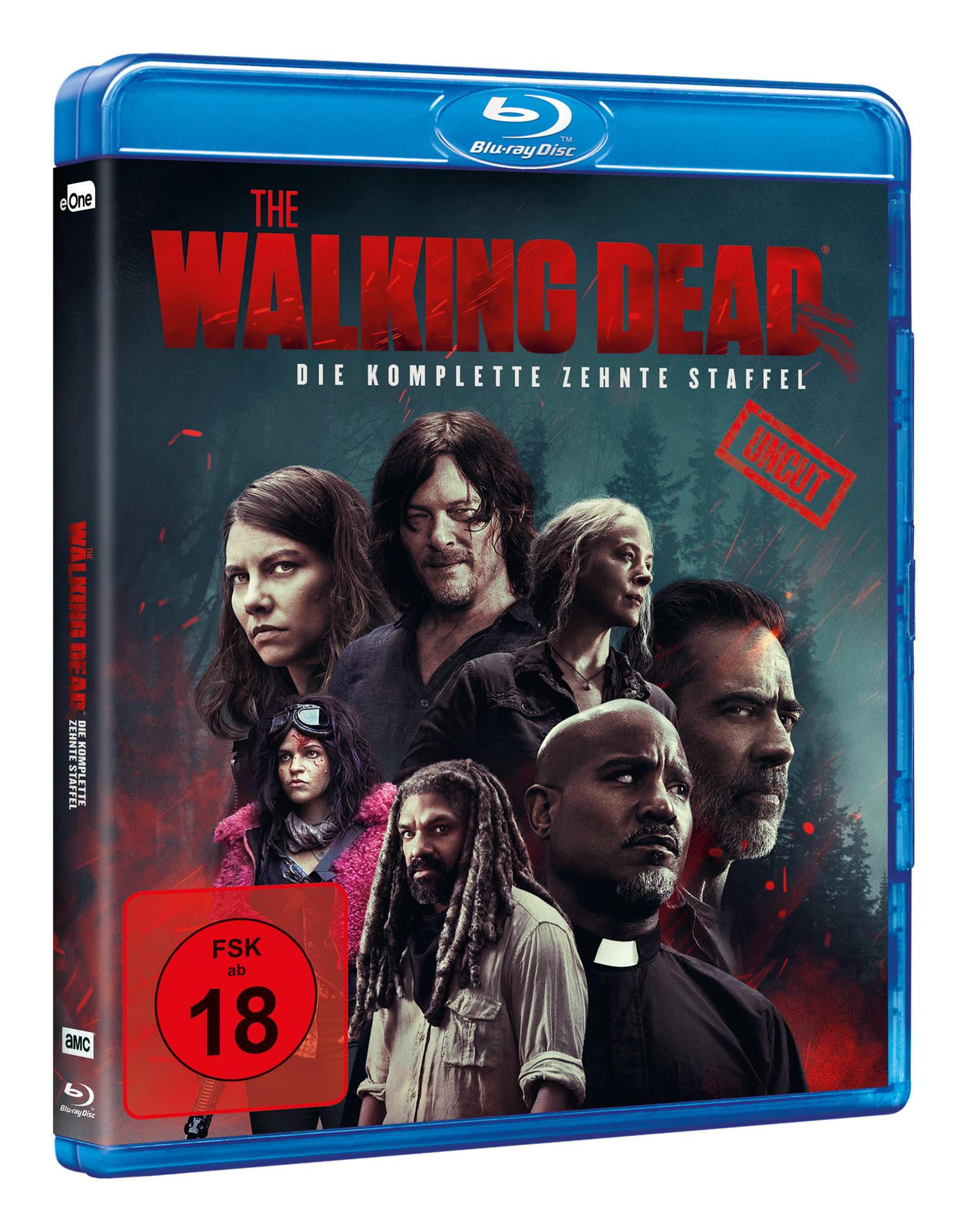 Das Walking Dead Blu-ray Disc-Cover mit Fotos der Besetzung und dem AMC-Logo. Es zeigt eine rote Warnung.
