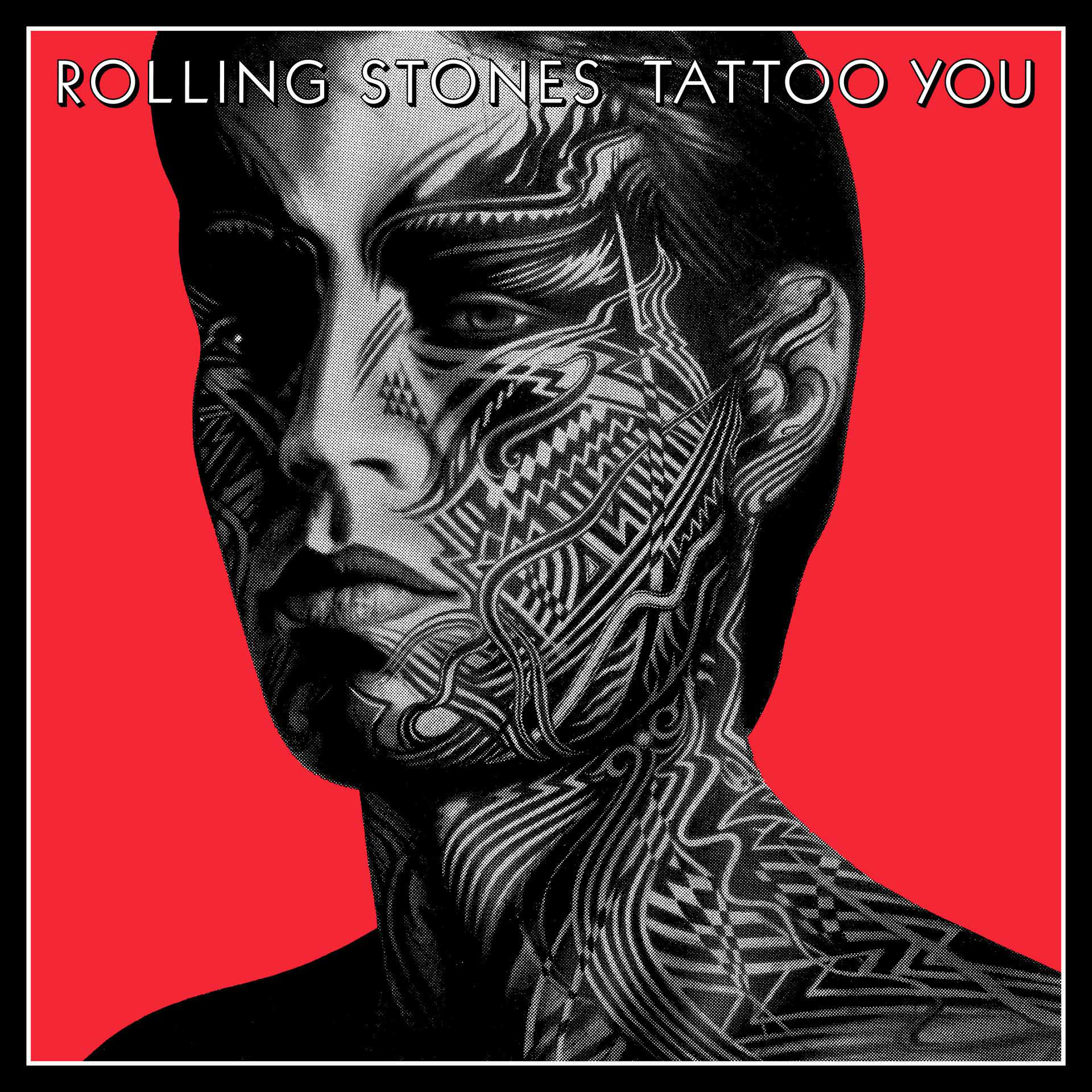 Rolling Stones 'Tattoo You' Albumcover. Schwarz-weißes Gesichtstattoo auf rotem Hintergrund.