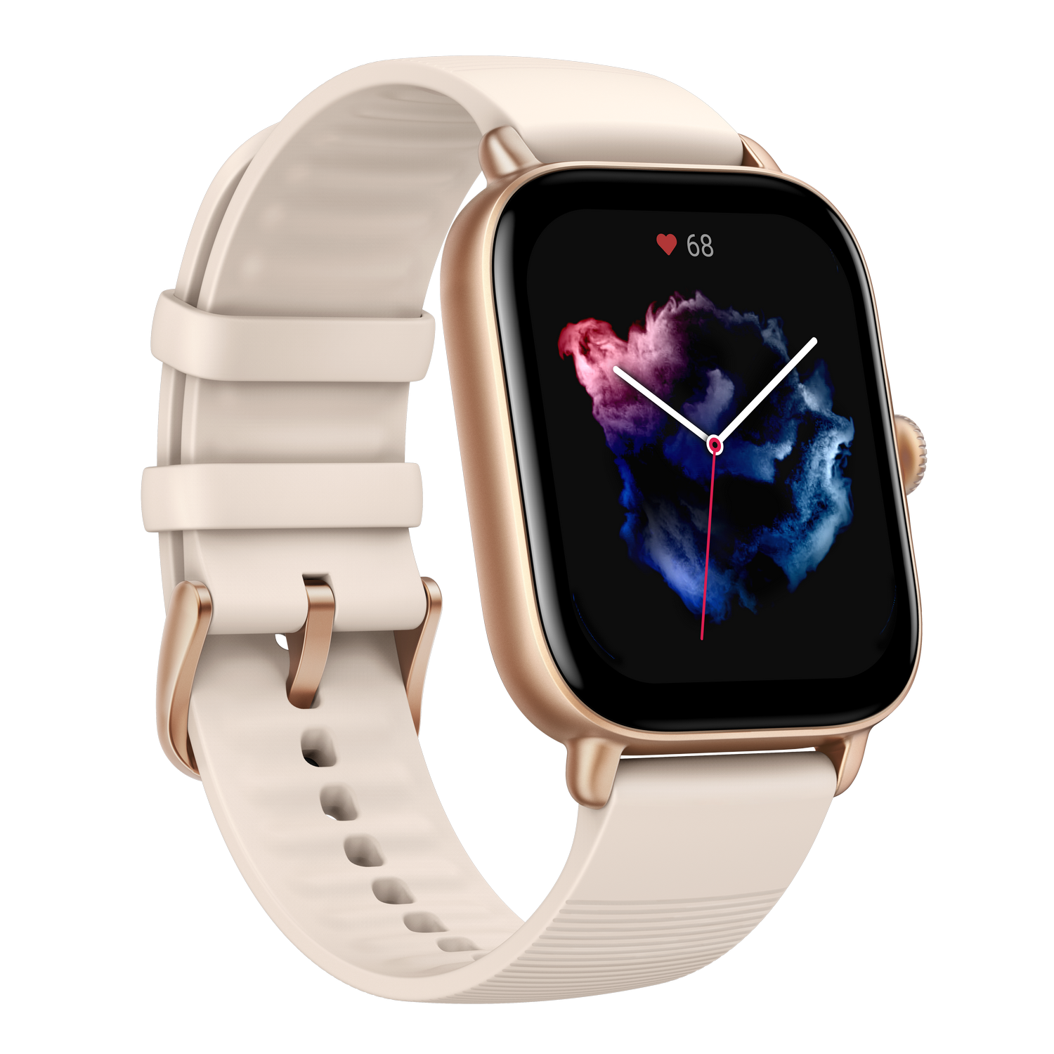 Smartwatch con correa crema y pantalla negra. Muestra la frecuencia cardíaca y un gráfico colorido.