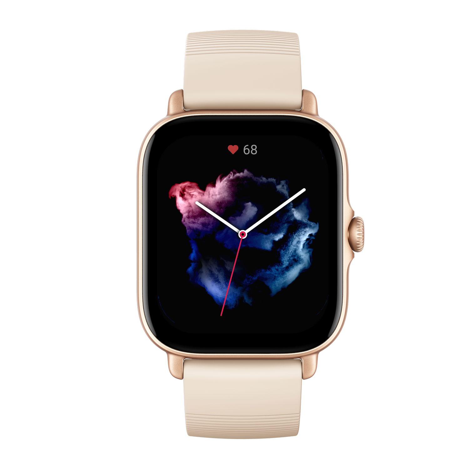Smartwatch dorada con correa blanca. El reloj muestra la frecuencia cardíaca y una imagen colorida.