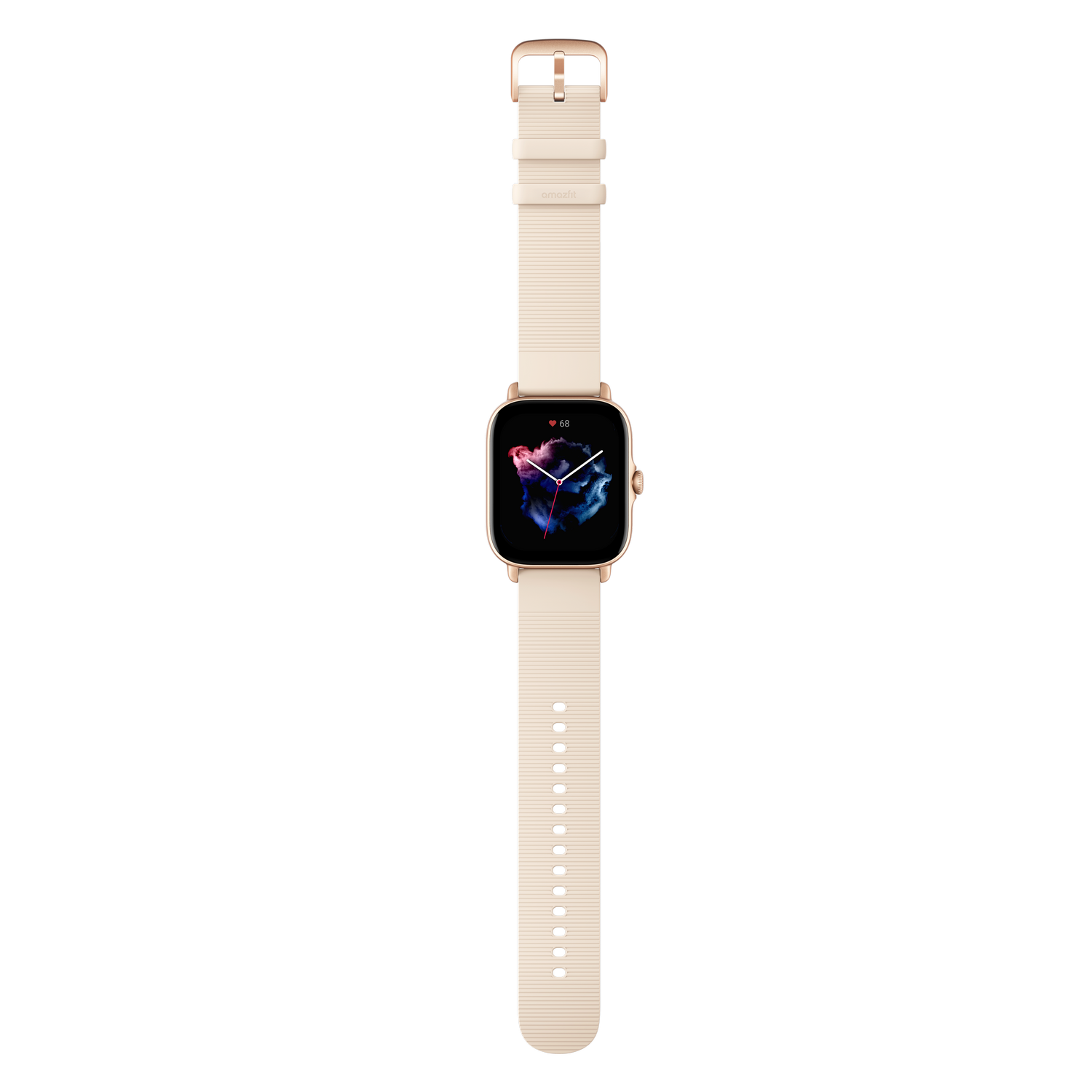 Un smartwatch dorado, correa crema, pantalla negra mostrando una pantalla colorida. Fondo negro.