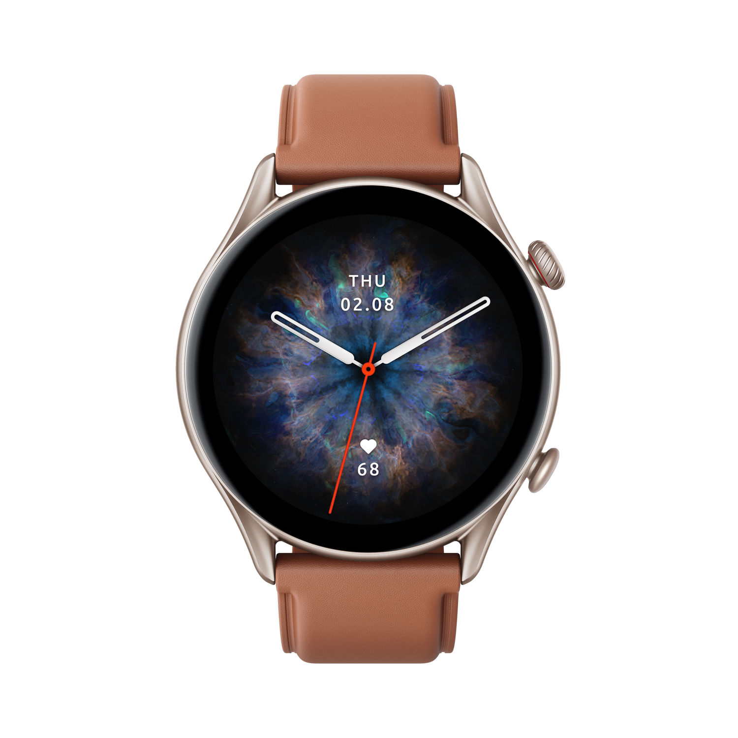 Un smartwatch redondo con correa de cuero marrón. La pantalla muestra una imagen galáctica y la fecha.
