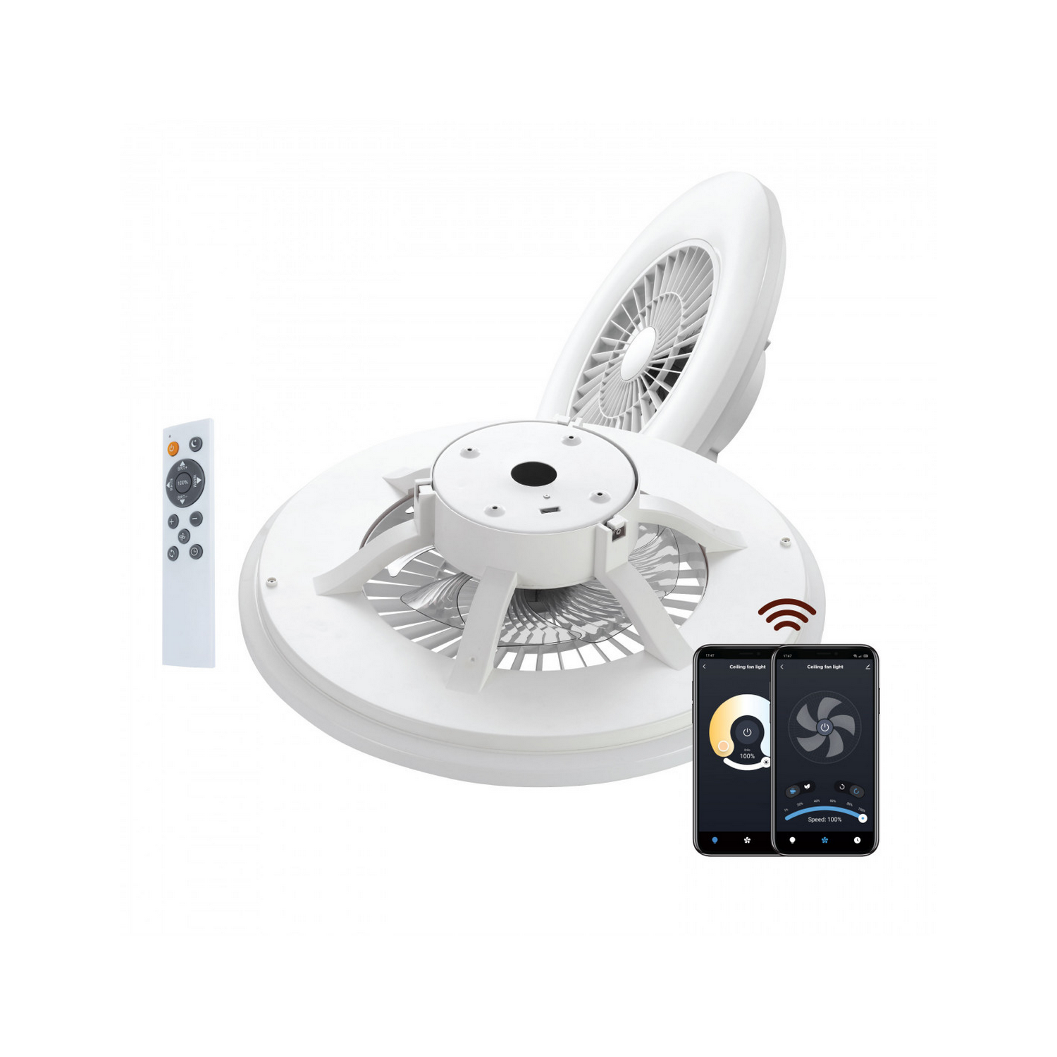 Un ventilador de techo blanco con mando a distancia e interfaz de aplicación.
